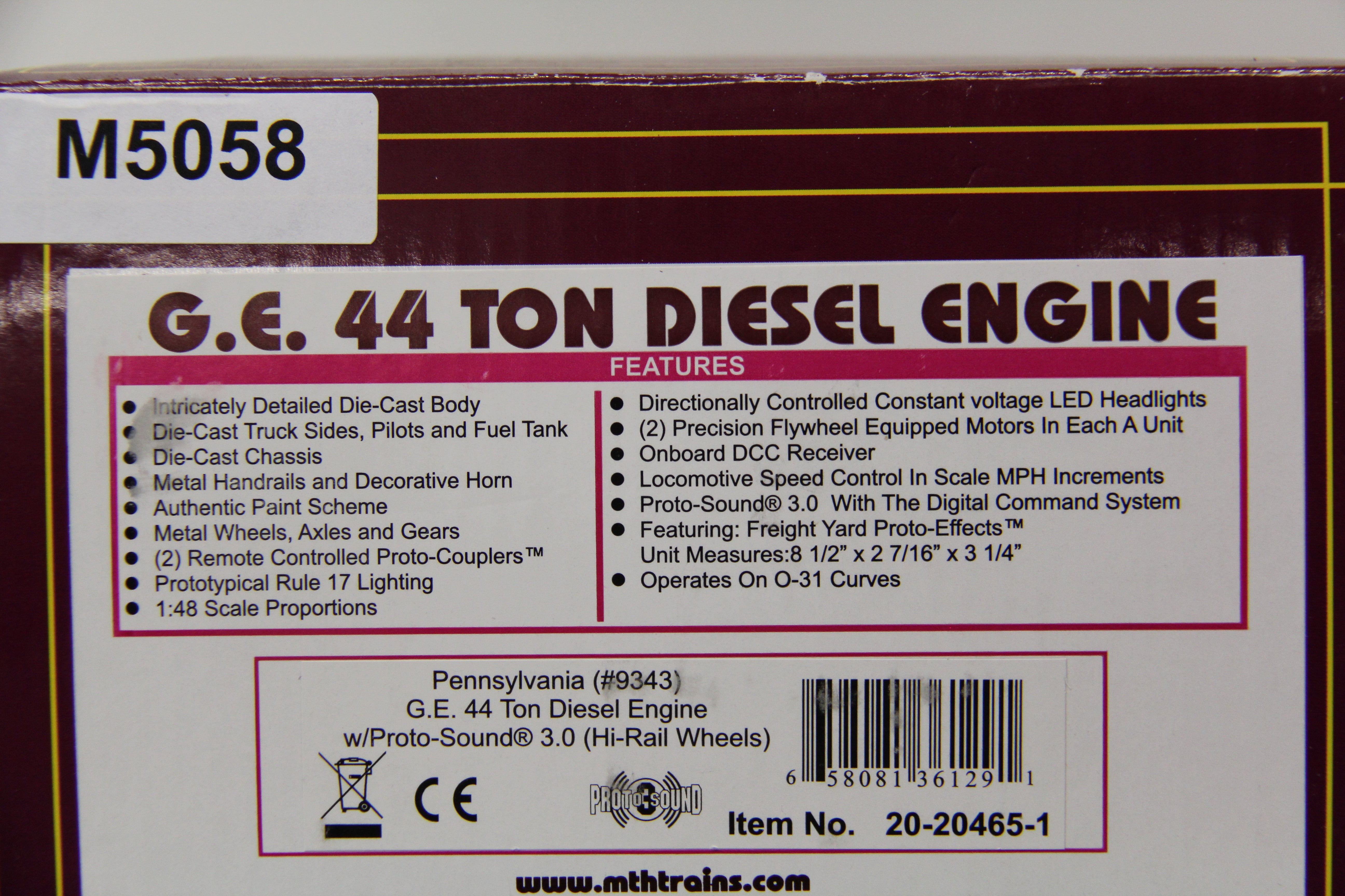 MTH 20-20465-1 - G.E. 44 Ton Diesel Engine "Pennsylvania" w/ PS3 (Hi-Rail Wheels)-Second hand-M5058