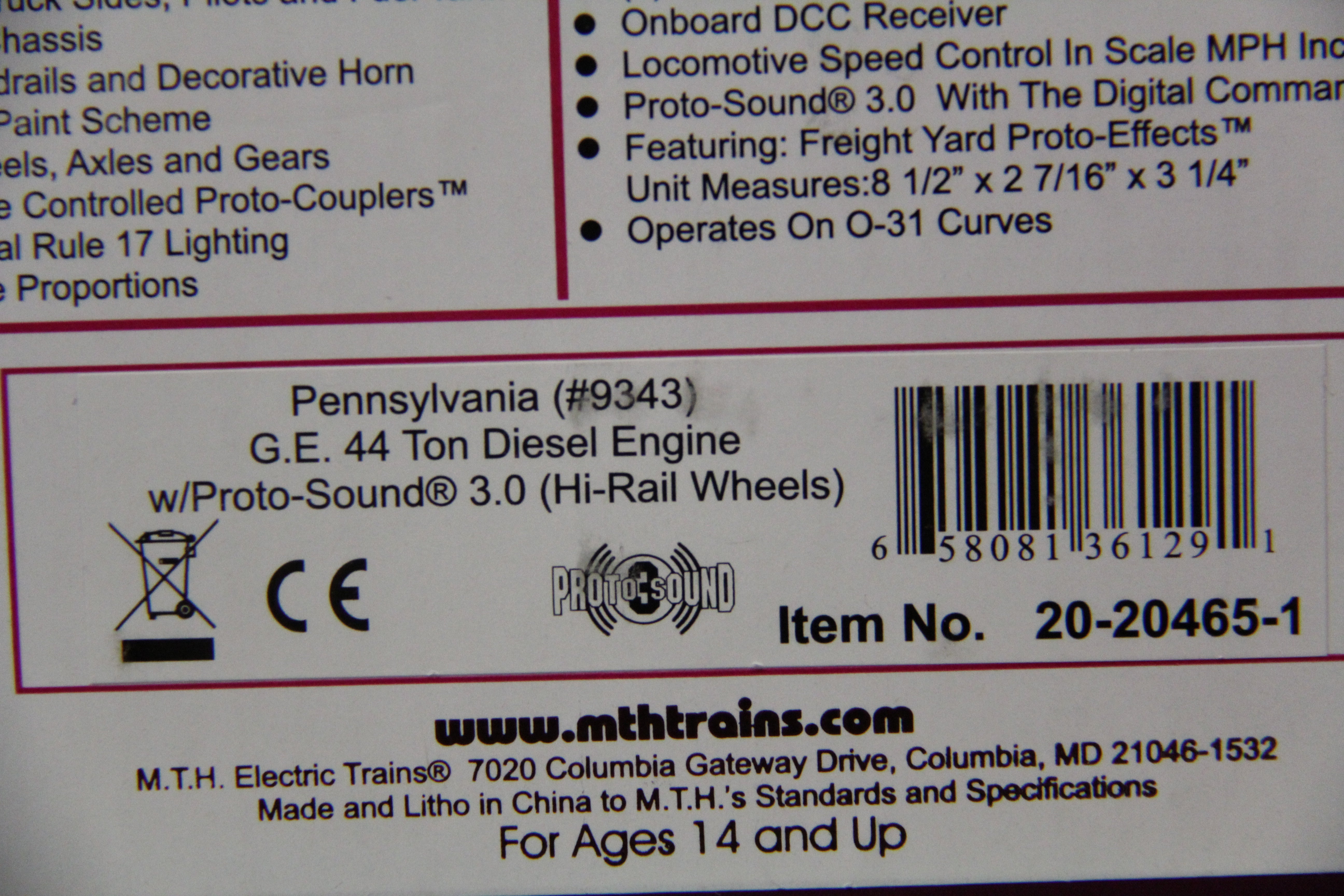 MTH 20-20465-1 - G.E. 44 Ton Diesel Engine "Pennsylvania" w/ PS3 (Hi-Rail Wheels)-Second hand-M5058