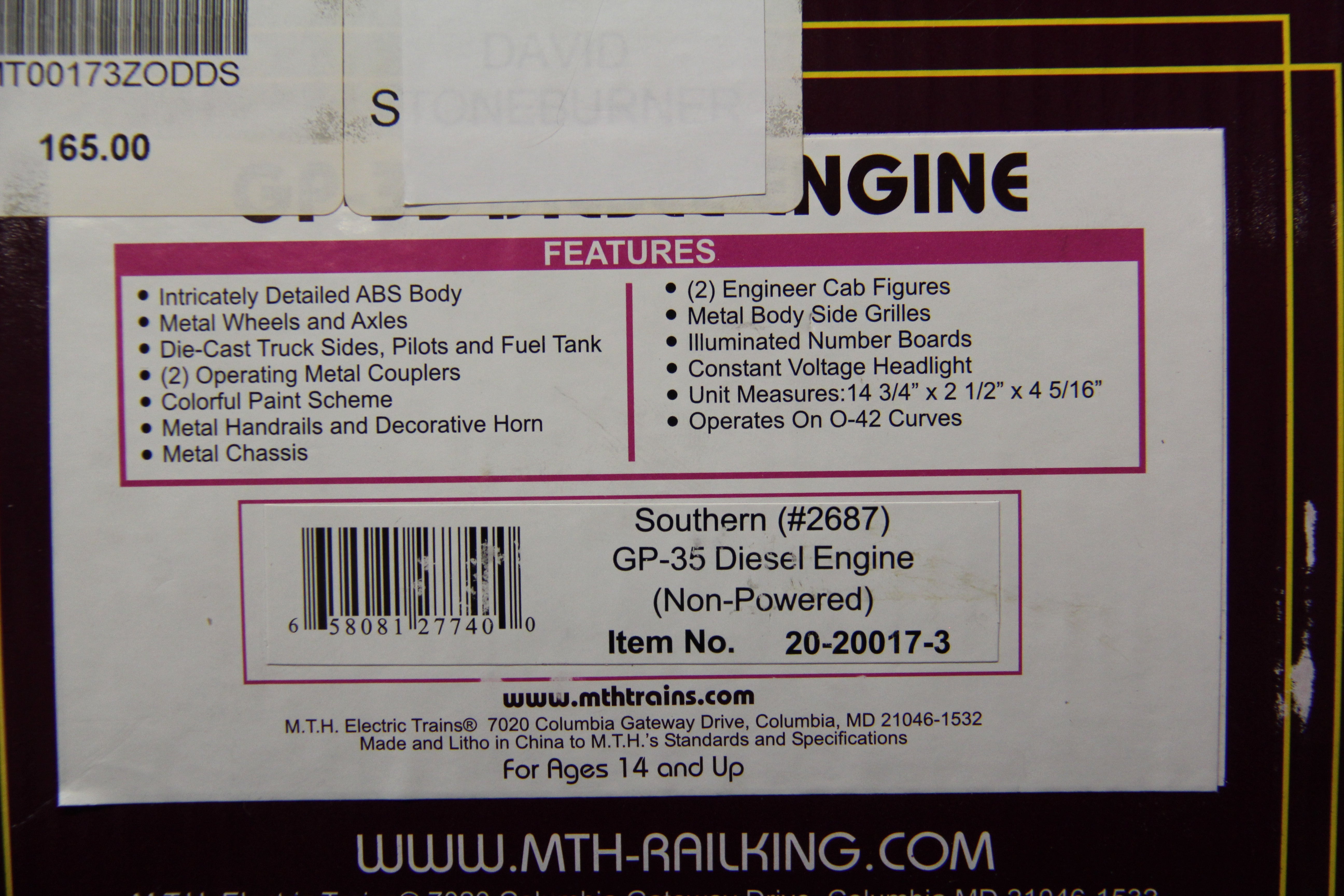 MTH 20-20017-1,-3 Southern #2655 GP-35 Powered & Non-Powered #2687 Set -Second hand-M5187