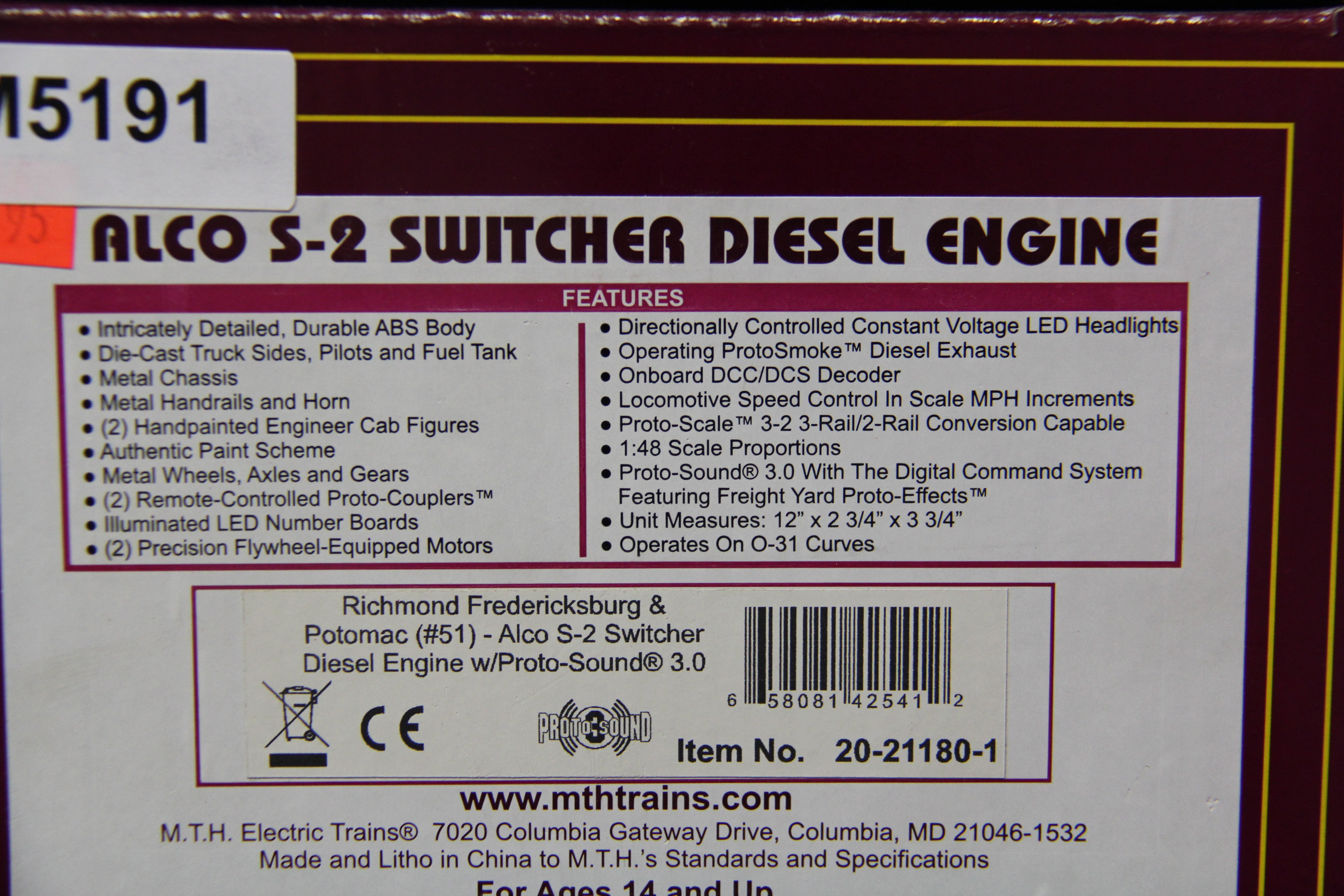 MTH 20-21180-1 Richmond, Fredericksburg & Potomac #51 Alco S-2 Switcher Diesel Engine-Second hand-M5191