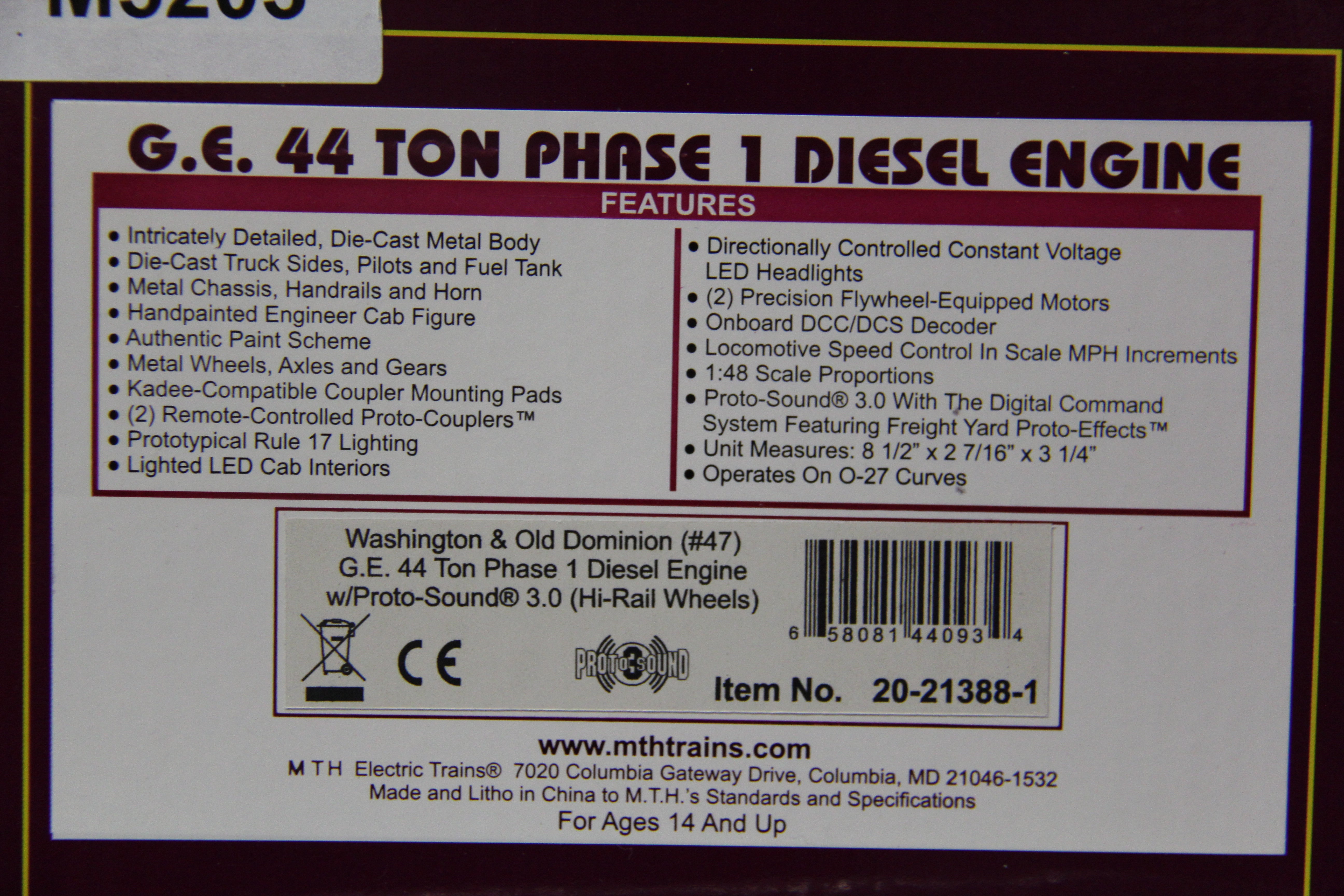 MTH 20-21388-1 - G.E. 44 Ton Phase 1 Diesel Engine "Washington & Old Dominion" #47 w/ PS3 (Hi-Rail Wheels)-Second hand-M5203