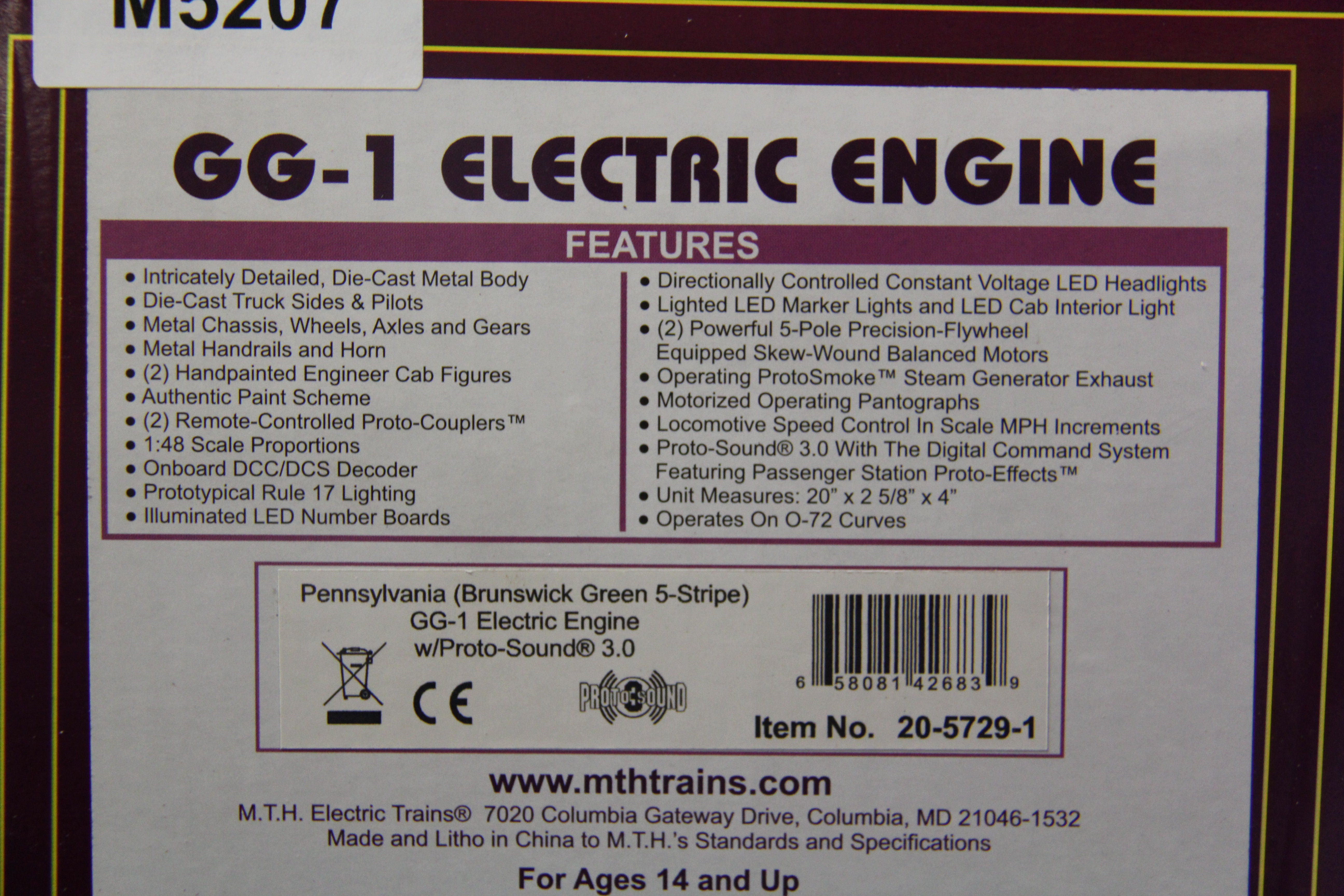 MTH 20-5729-1 Pennsylvania (Brunswick Green 5 Stripe) GG-1 Electric Engine-Second hand-M5207