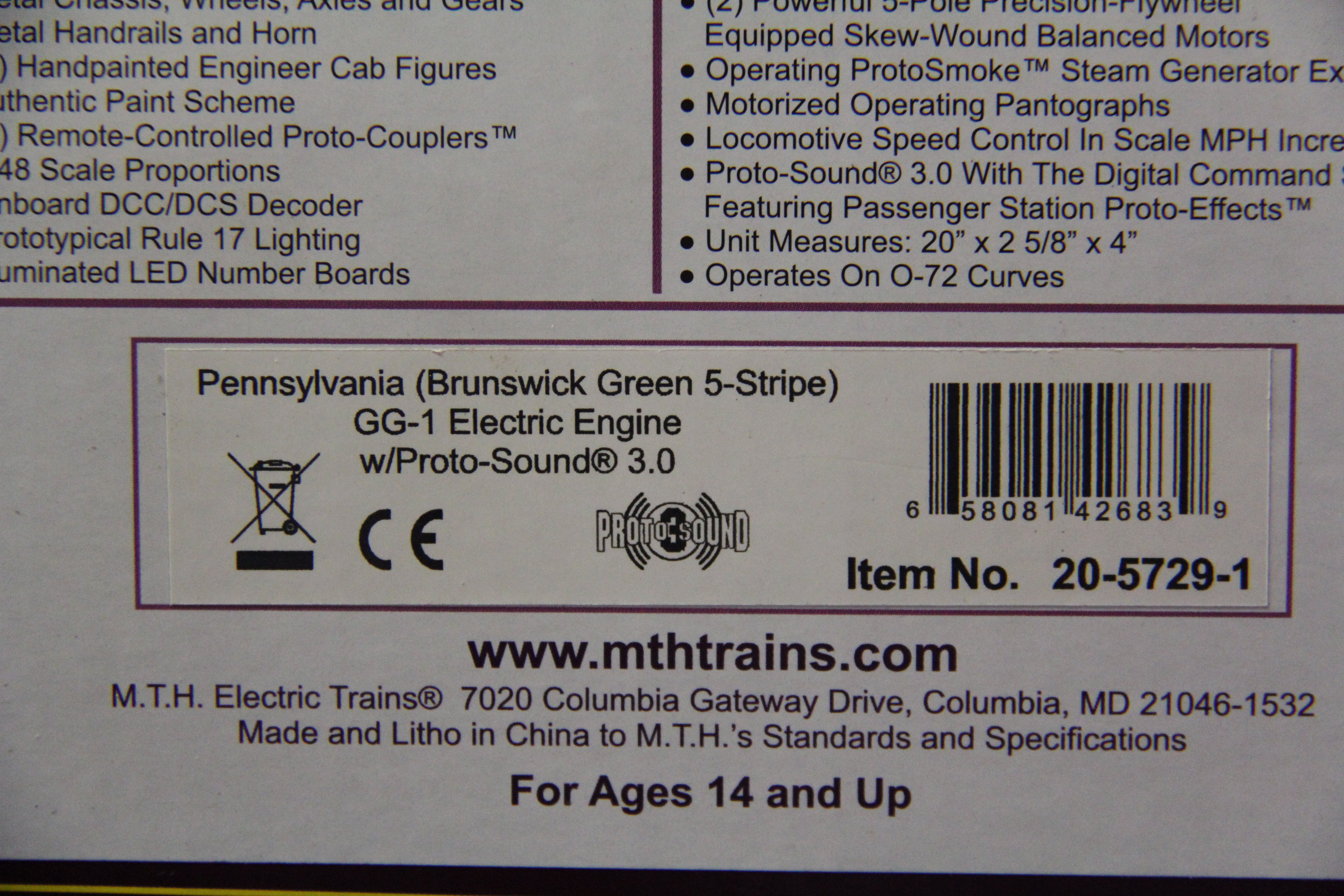 MTH 20-5729-1 Pennsylvania (Brunswick Green 5 Stripe) GG-1 Electric Engine-Second hand-M5207