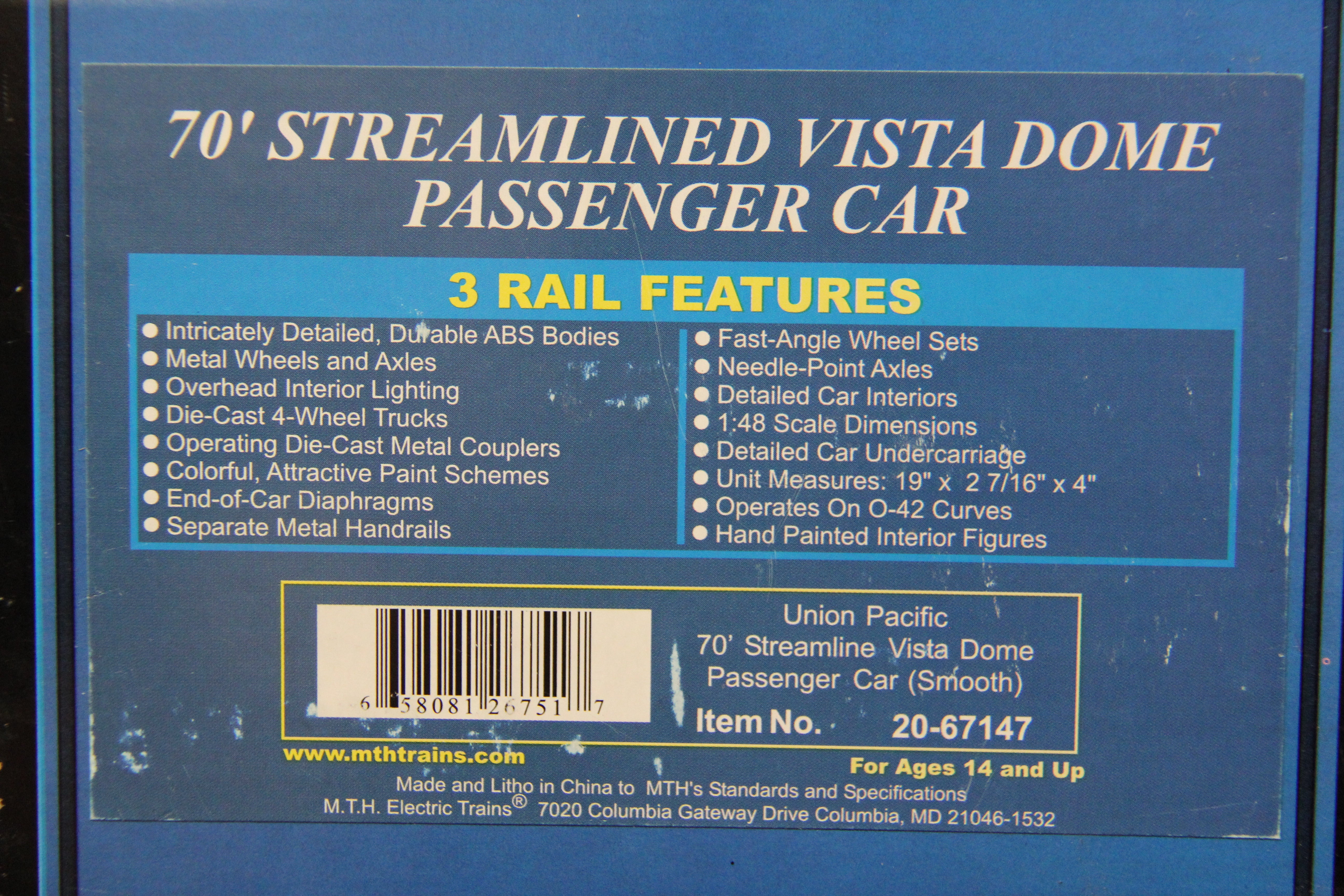 MTH 20-67147 Union Pacific  70' Streamlined Vista Dome Passenger Set (Smooth)-Second hand-M5212