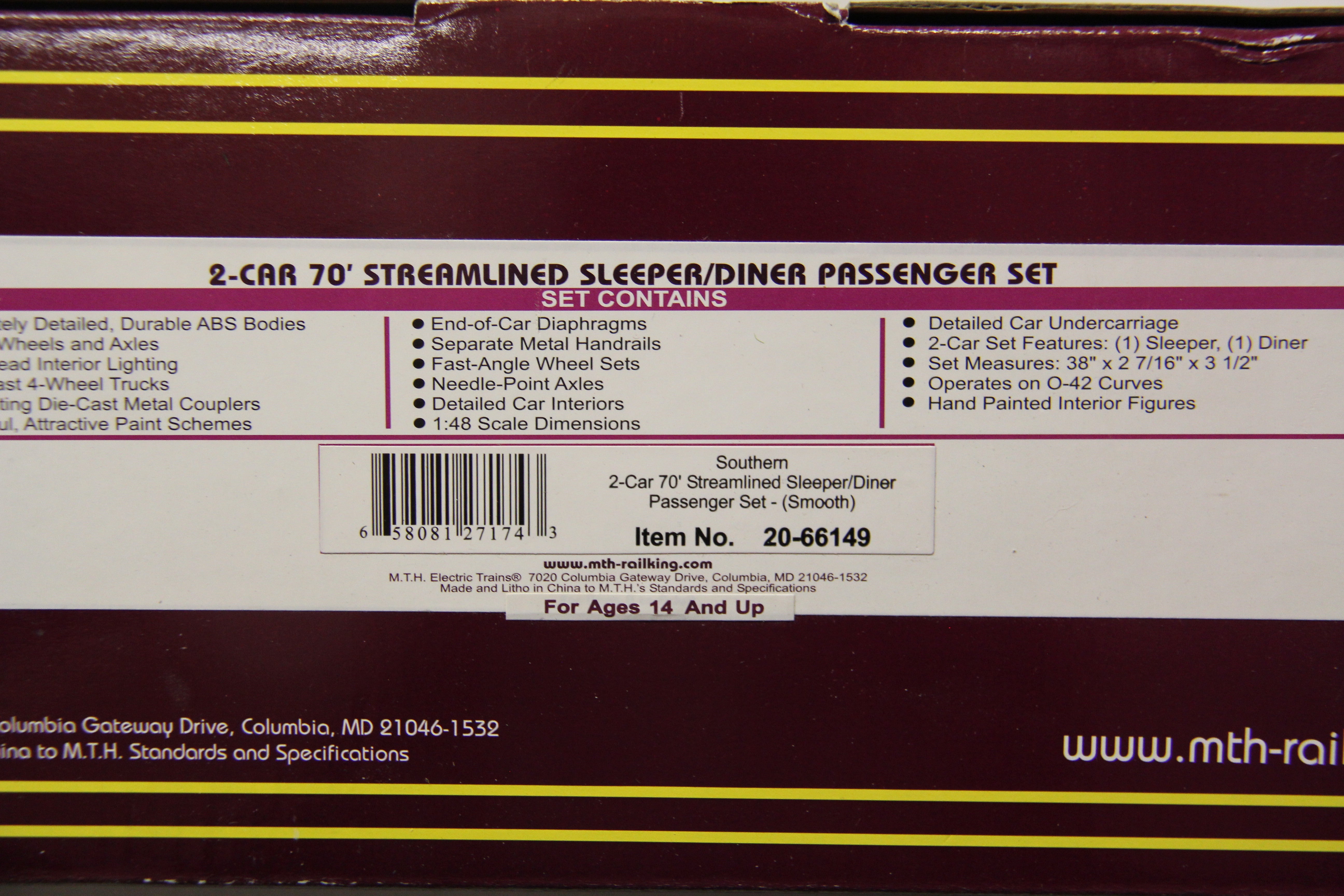 MTH 20-66149 Southern 2 Car 70' Streamlined Sleeper/Diner Passenger Set (Smooth)-2 Car Set-Second hand-M5218