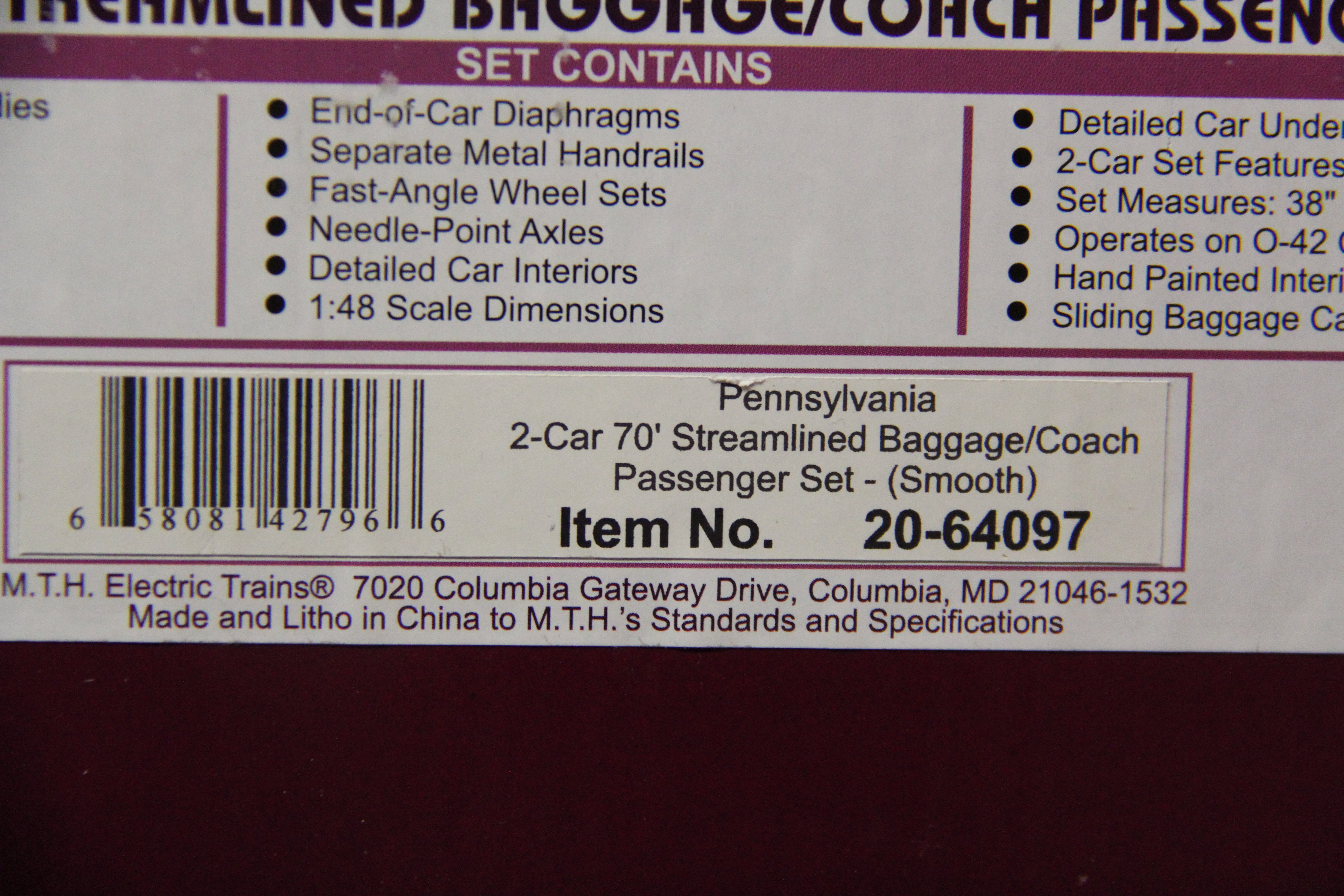 MTH 20-64097 Pennsylvania 2 Car 70' Streamlined Baggage/ Coach Passenger Set (Smooth)-2 Car Set-Second hand-M5219