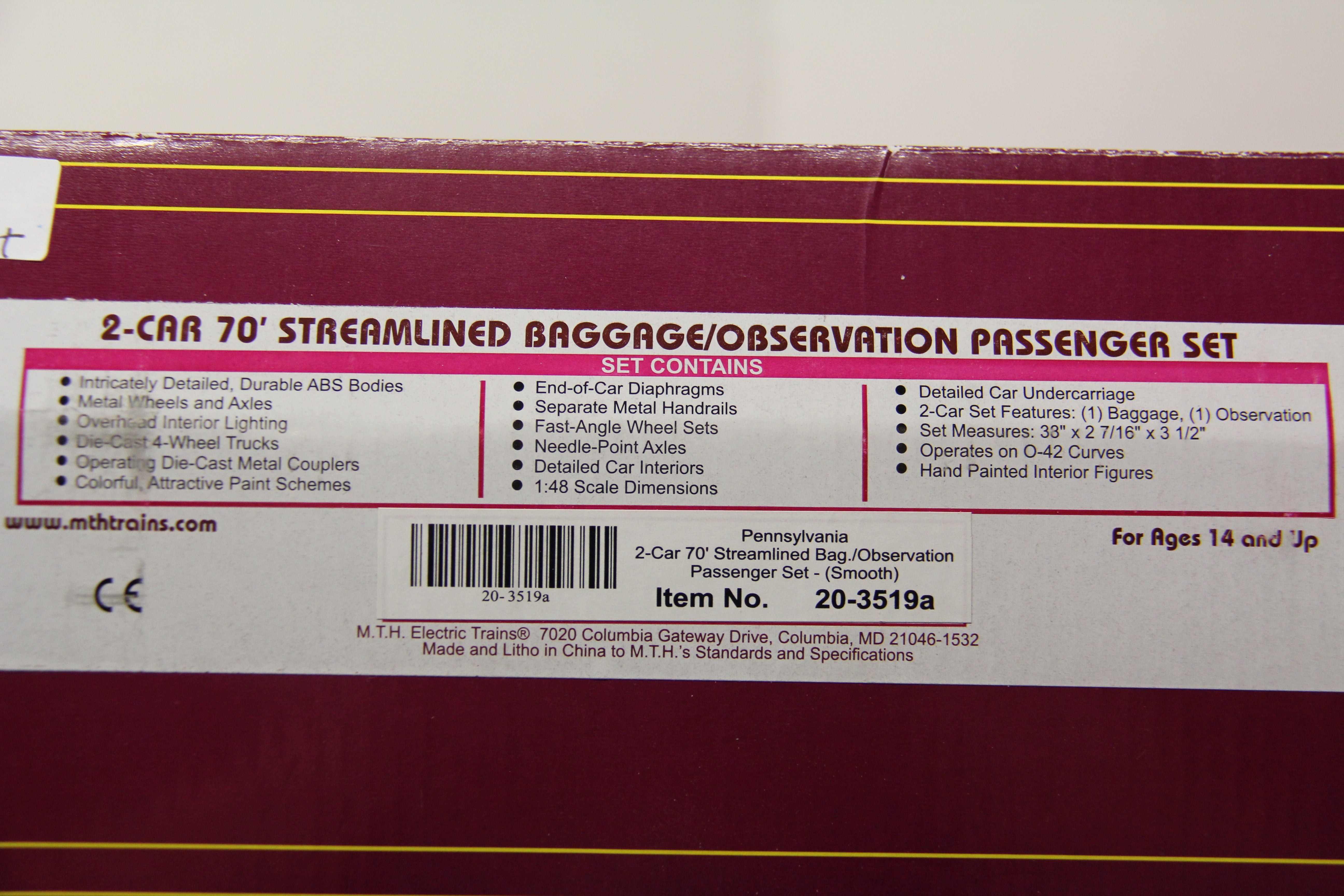 MTH 20-3519a & 20-3519b Pennsylvania 2 Car 70' Streamlined Bag/Observation Passenger Set (Smooth)-4 Car Set-Second hand-M5221