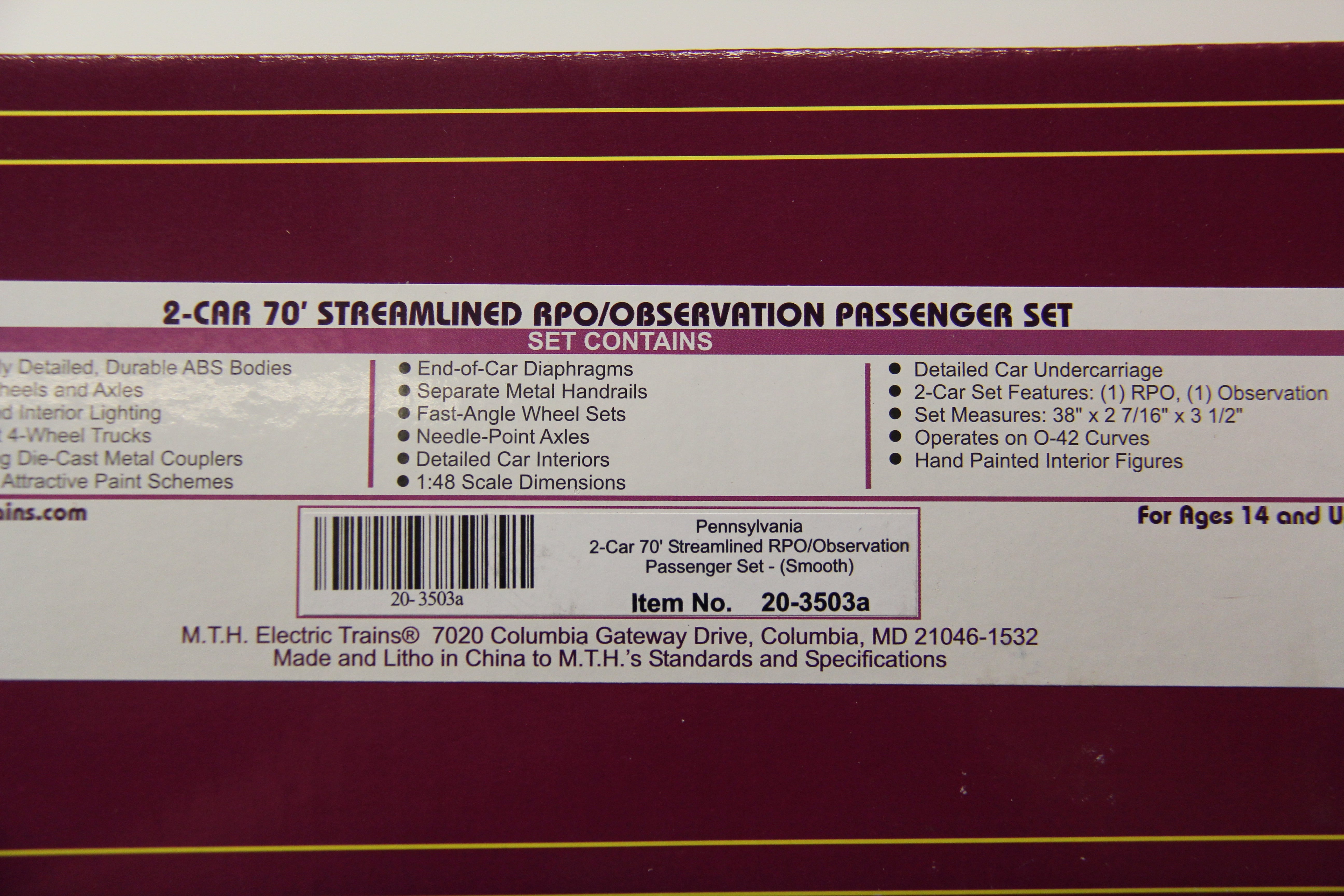 MTH 20-3503a & 20-3503b Pennsylvania 2 Car 70' Streamlined RPO/ Observation Passenger Set (Smooth)-4 Car Set-Second hand-M5223