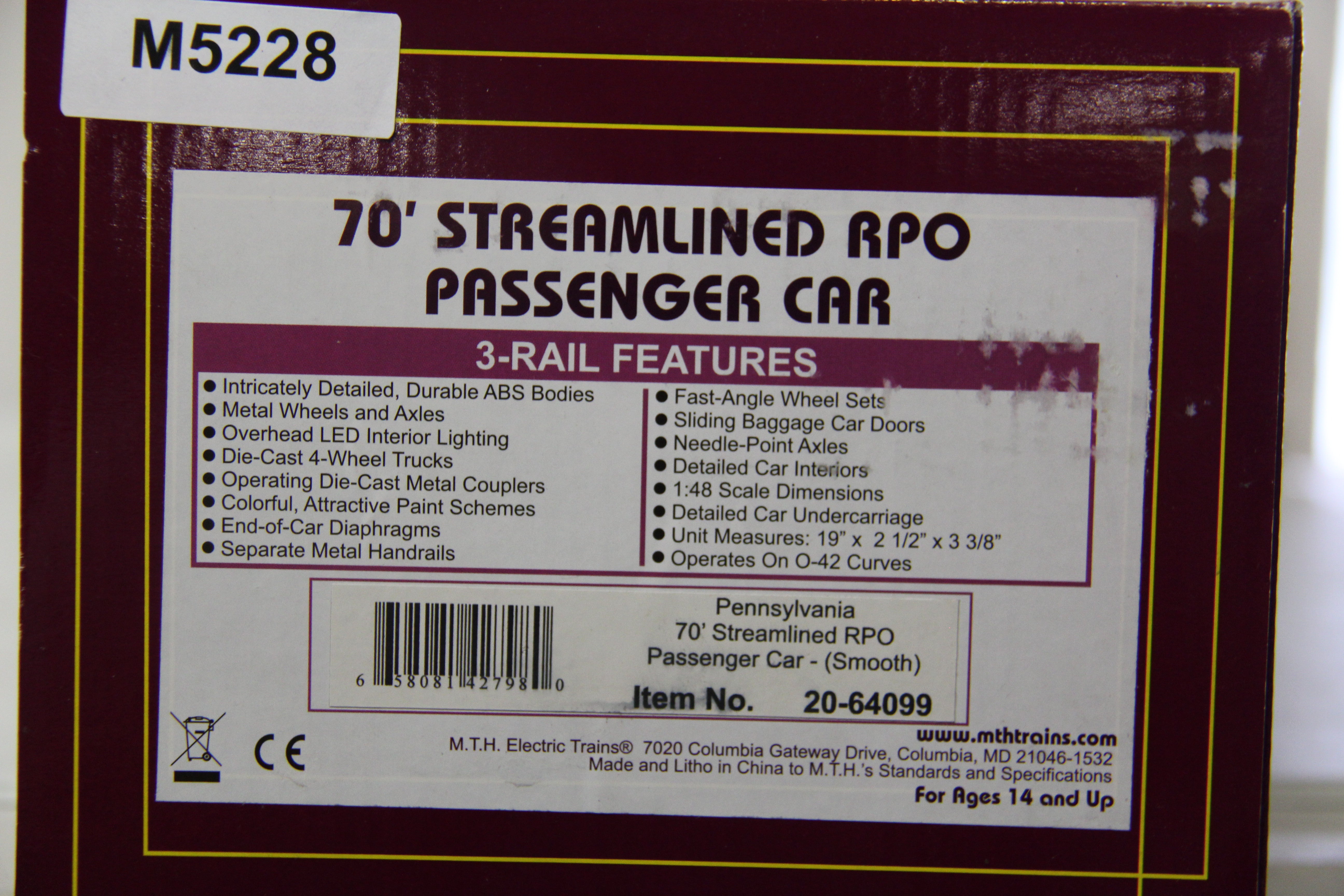 MTH 20-64099 Pennsylvania 70' Streamlined RPO Passenger Car (Smooth)-Second hand-M5228