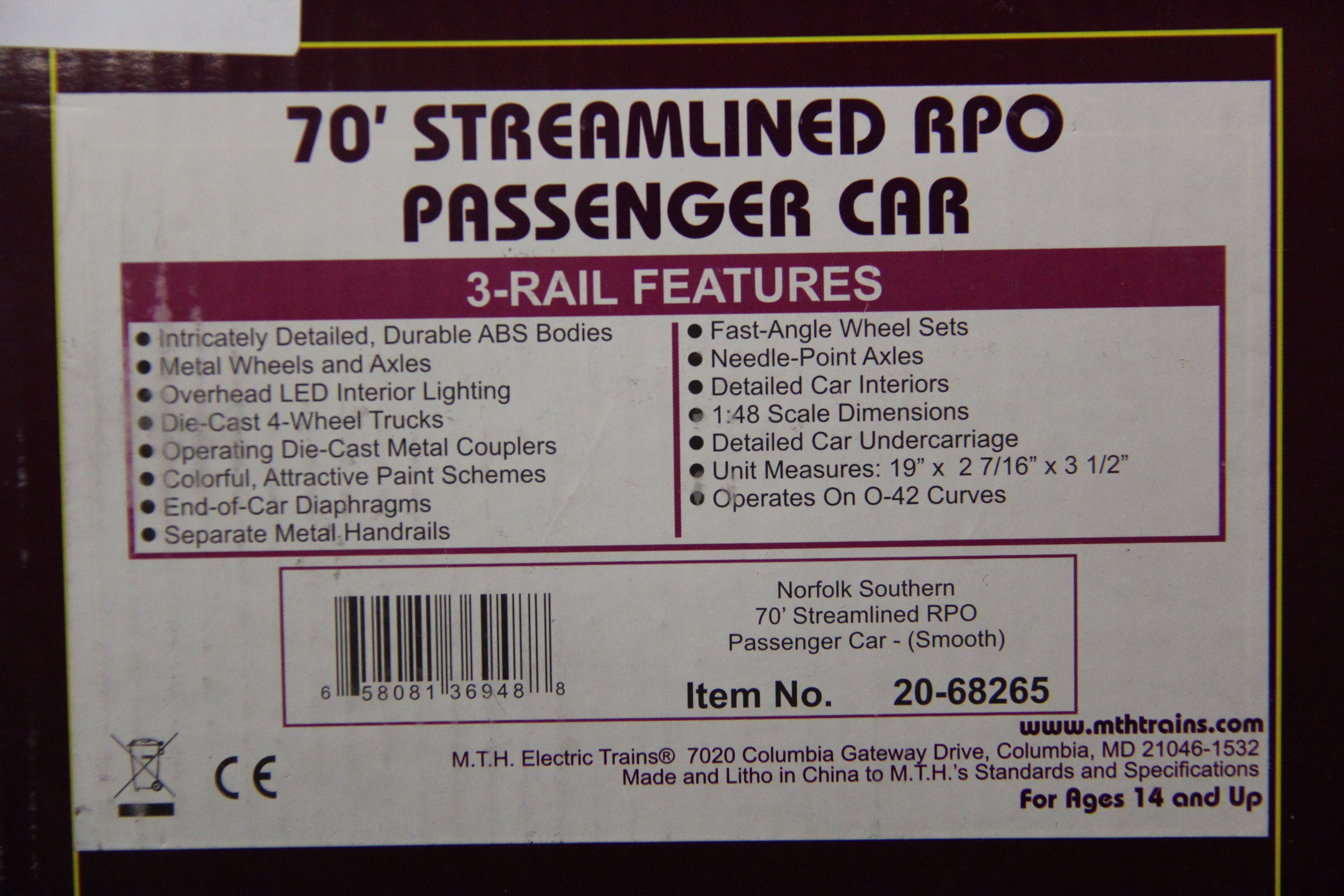 MTH 20-68265 Norfolk Southern 70' Streamlined RPO Passenger Car (Smooth)-Second hand-M5230