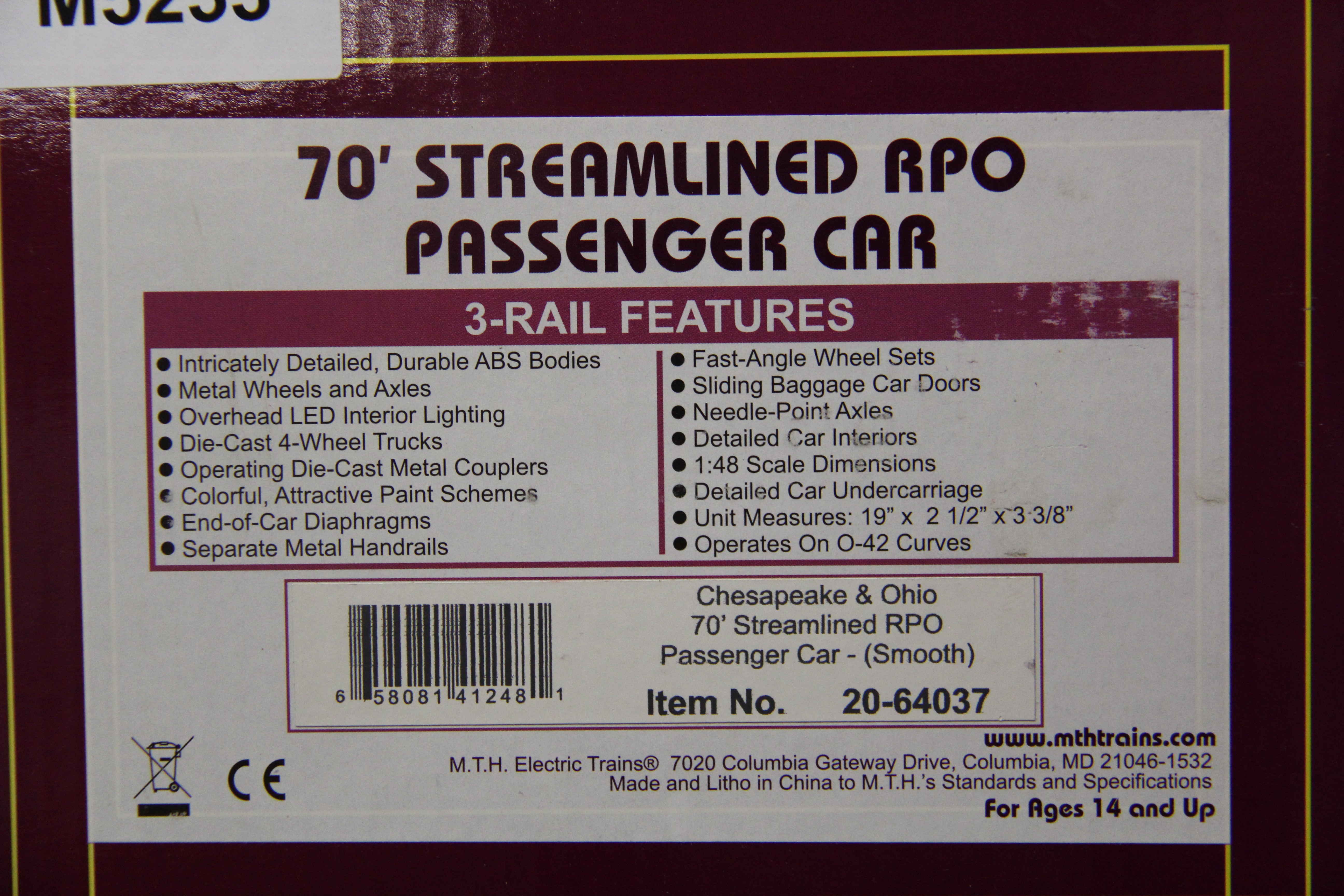 MTH 20-64037 Chesapeake & Ohio 70' Streamlined RPO Passenger Car (Smooth)-Second hand-M5233