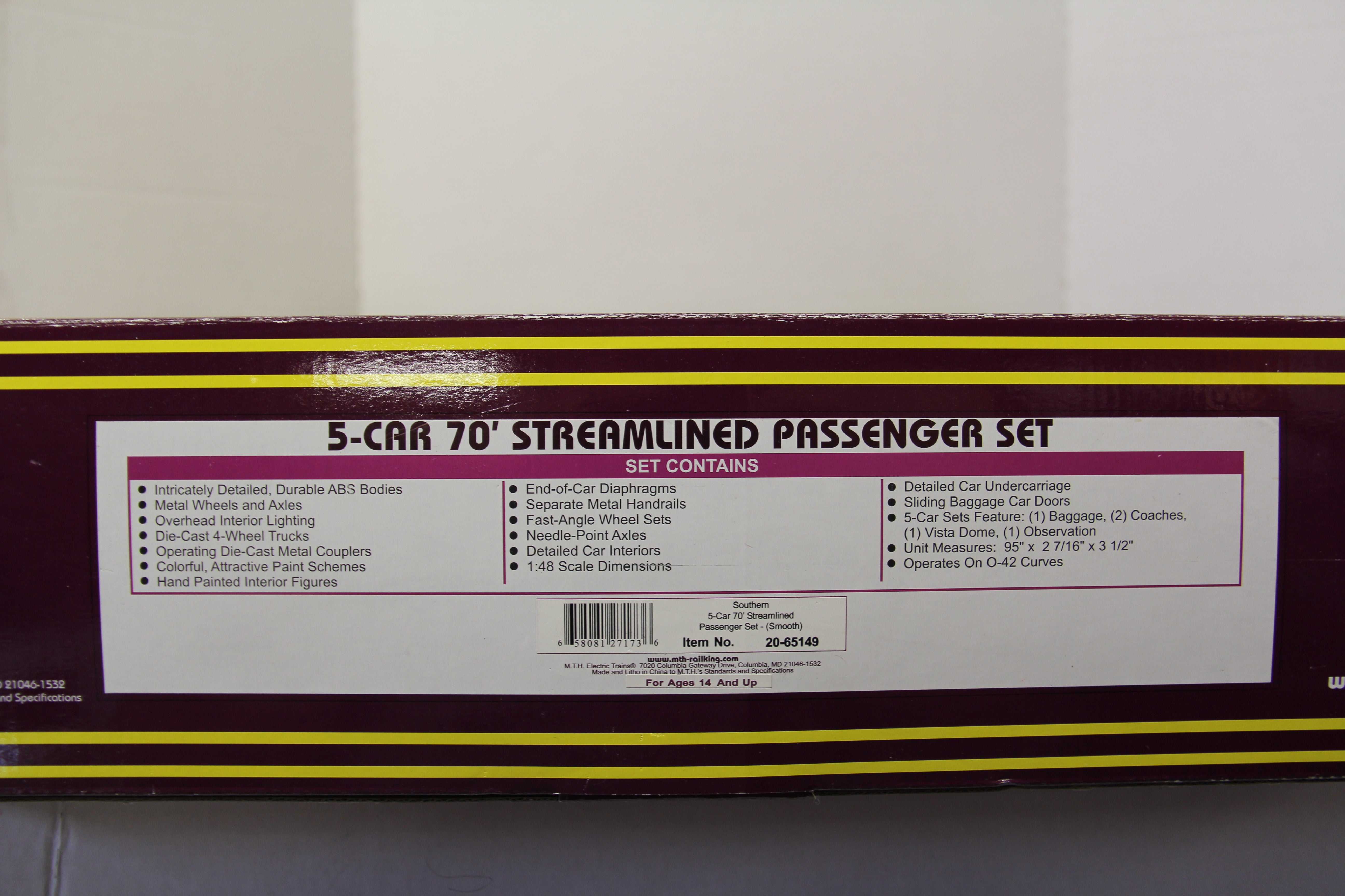 MTH 20-65149 Southern 5 Car 70' Streamlined Passenger Set (Smooth)-Second hand-M5246