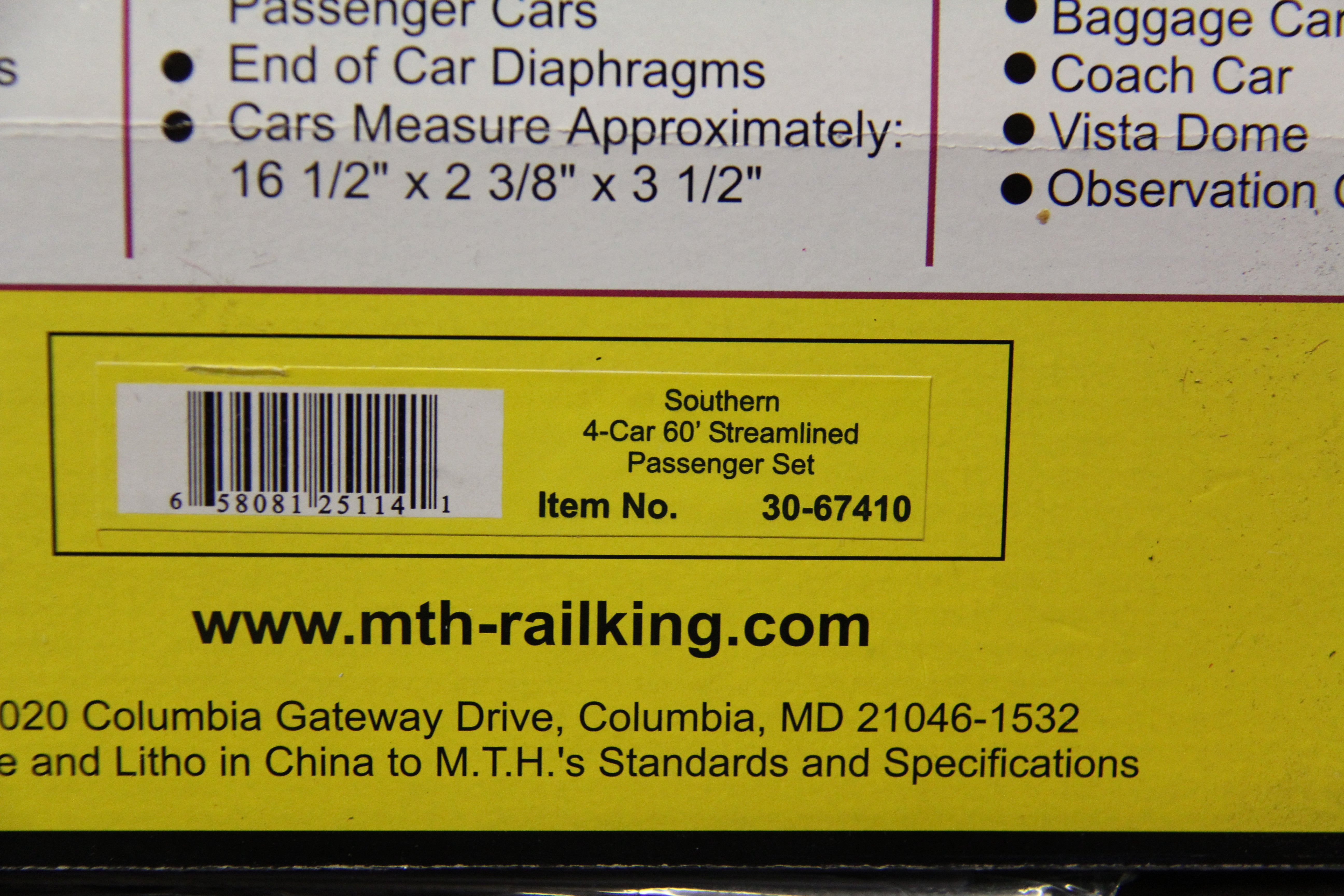 Rail King 30-67410 Southern 4-Car 60' Streamlined Passenger Set-Second hand-M5253