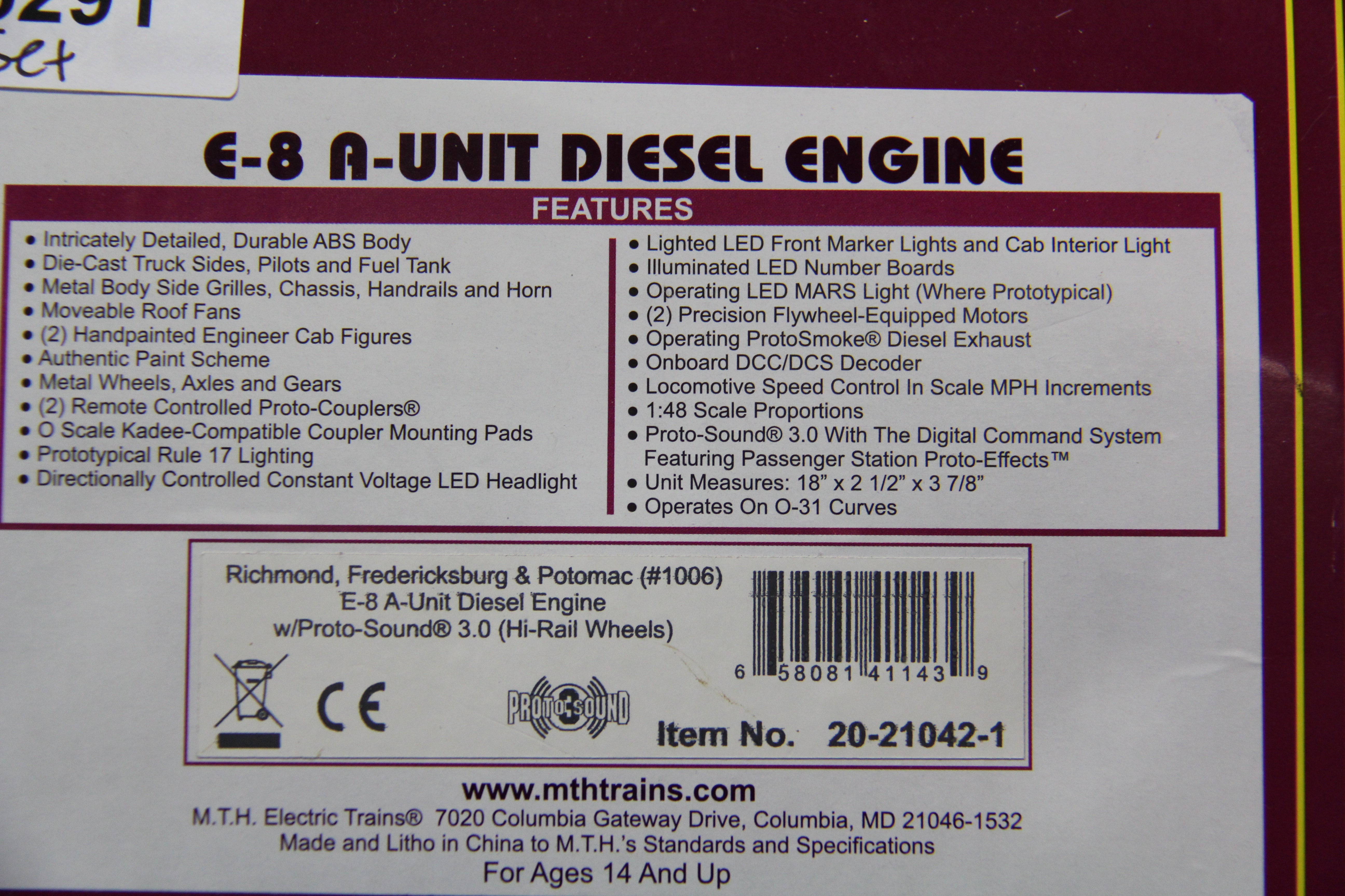 MTH 20-21042-1 & 20-21042-3 Richmond, Fredericksburg & Potomac E-8 A-Unit Diesel & Non Powered B Unit-Second hand-M5291