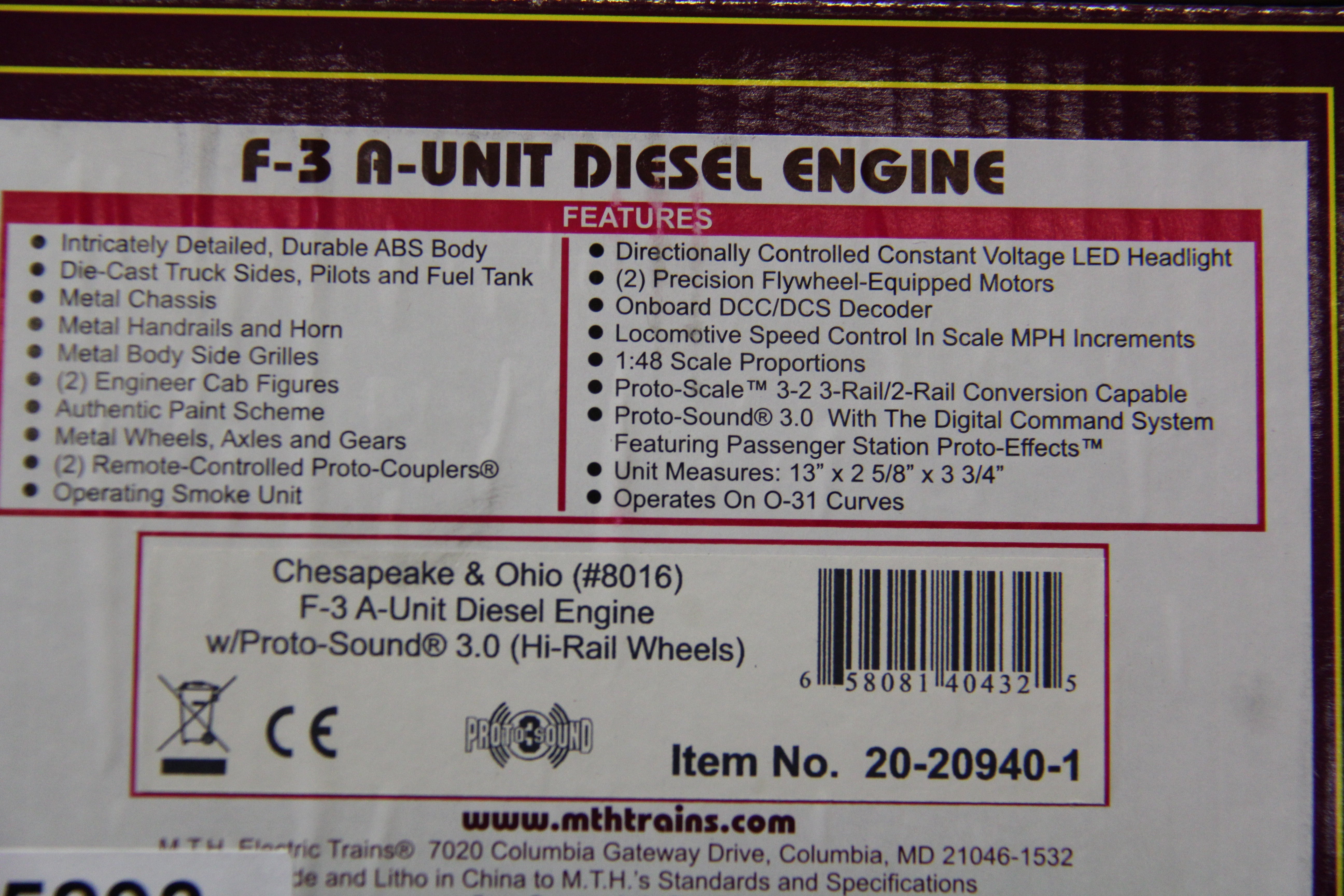 MTH 20-20940-1 & 20-20940-3 Chesapeake & Ohio F-3 A-Unit Diesel & F-3 B Unit Non Powered Diesel-Second hand-M5293