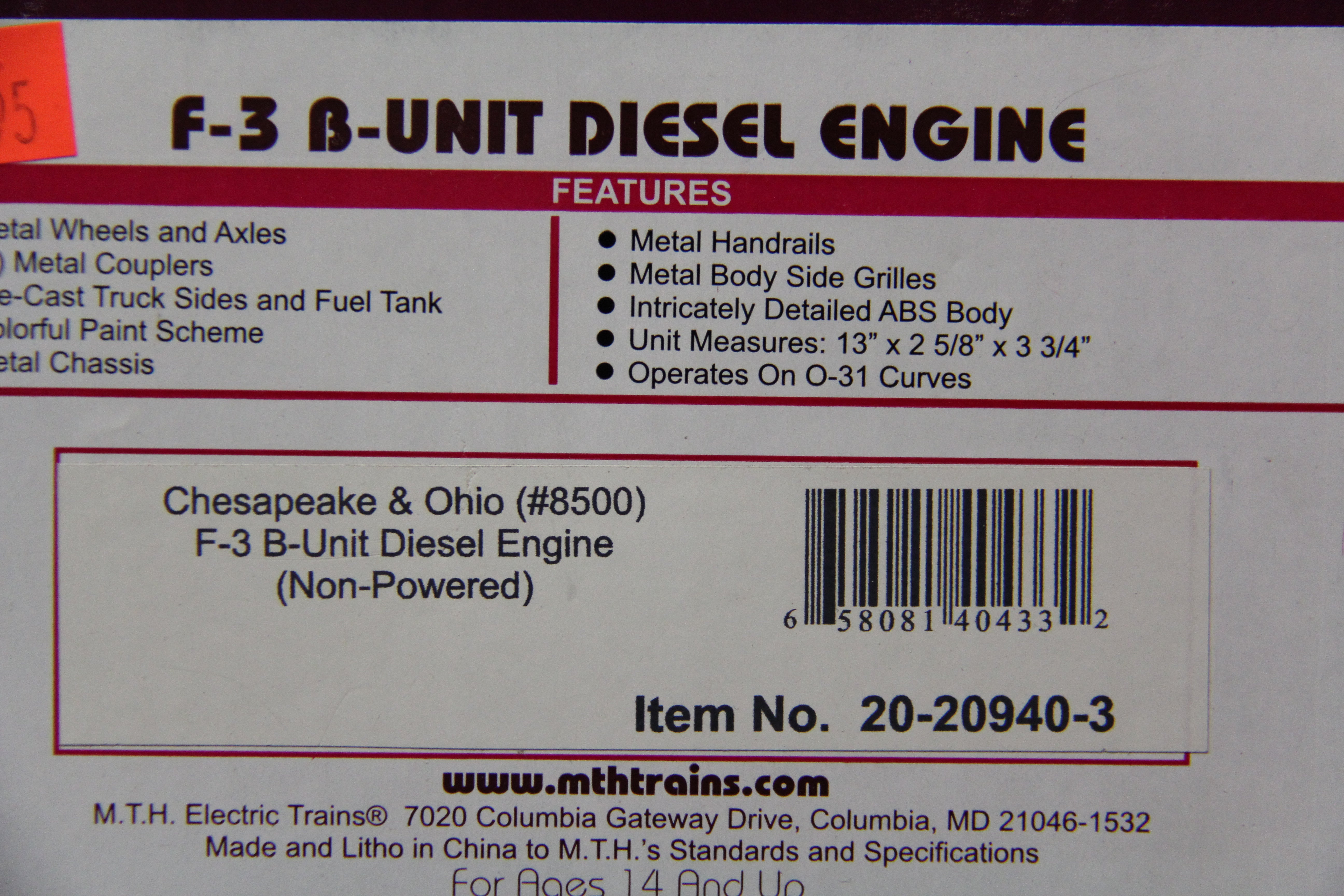 MTH 20-20940-1 & 20-20940-3 Chesapeake & Ohio F-3 A-Unit Diesel & F-3 B Unit Non Powered Diesel-Second hand-M5293