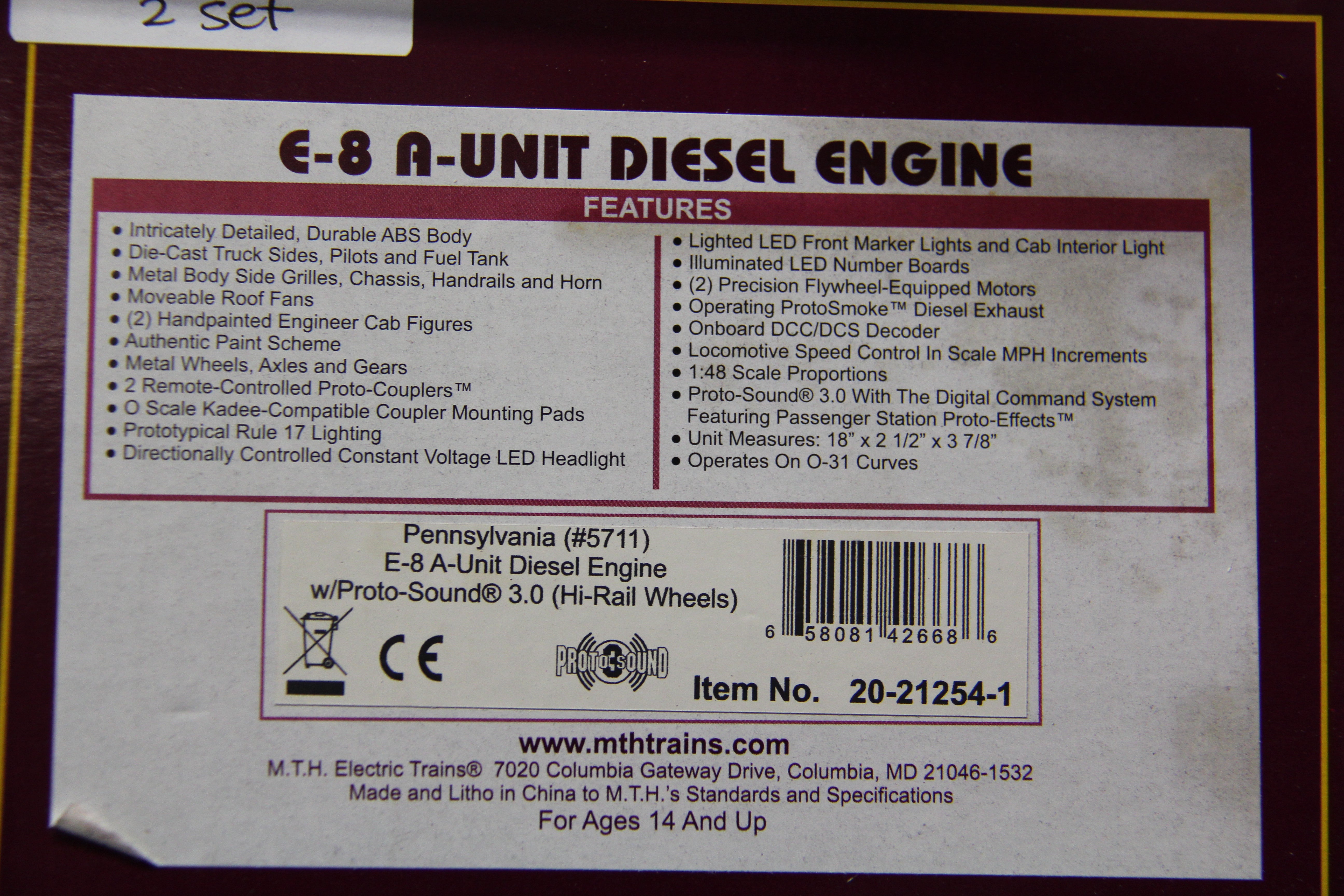 MTH 20-21254-1 & 20-21254-3 Pennsylvania E-8 A Unit Diesel & B Unit Non Powered-Second hand-M5295