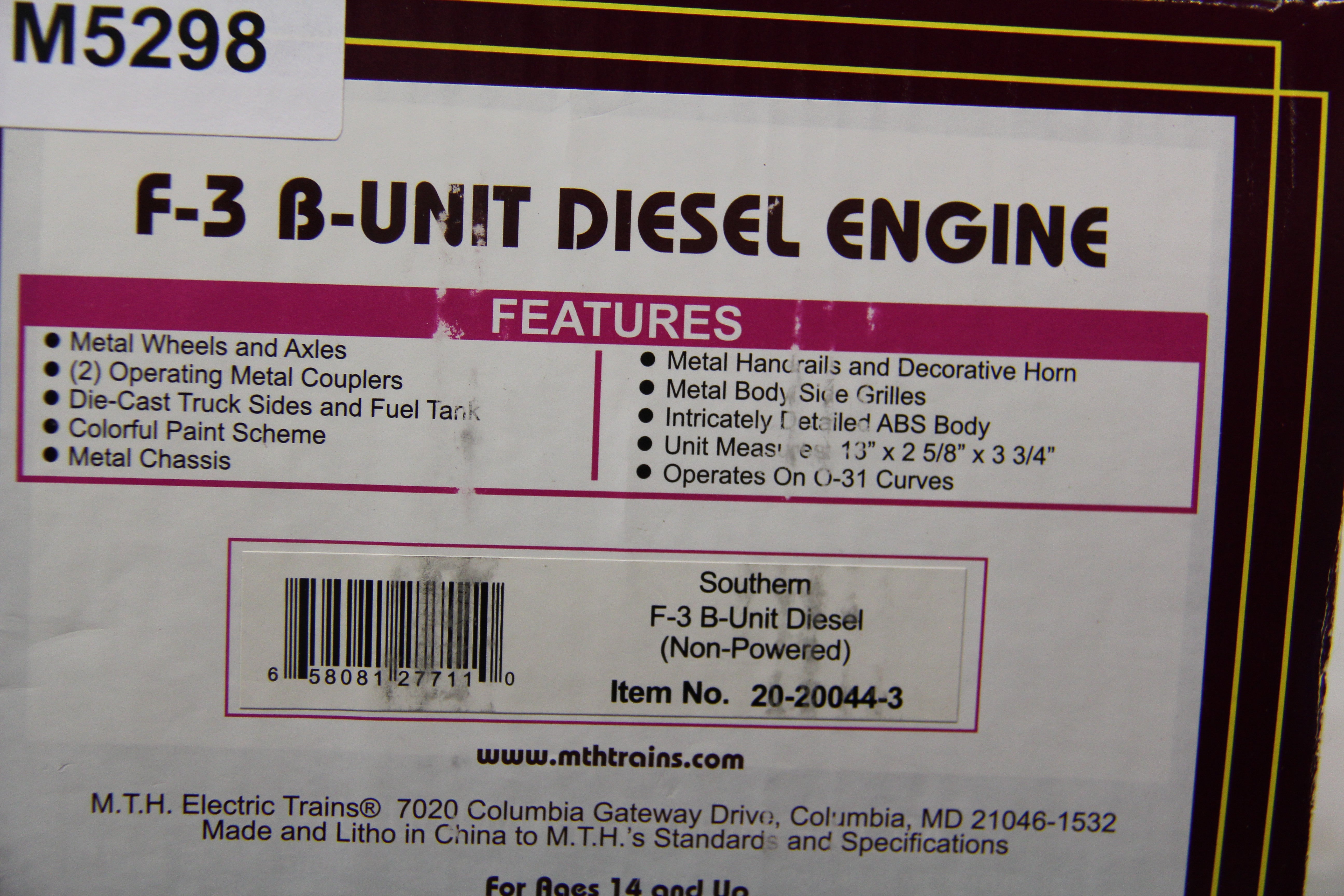 MTH 20-20044-3 Southern F-3 B-Unit Diesel Non Powered-Second hand-M5298