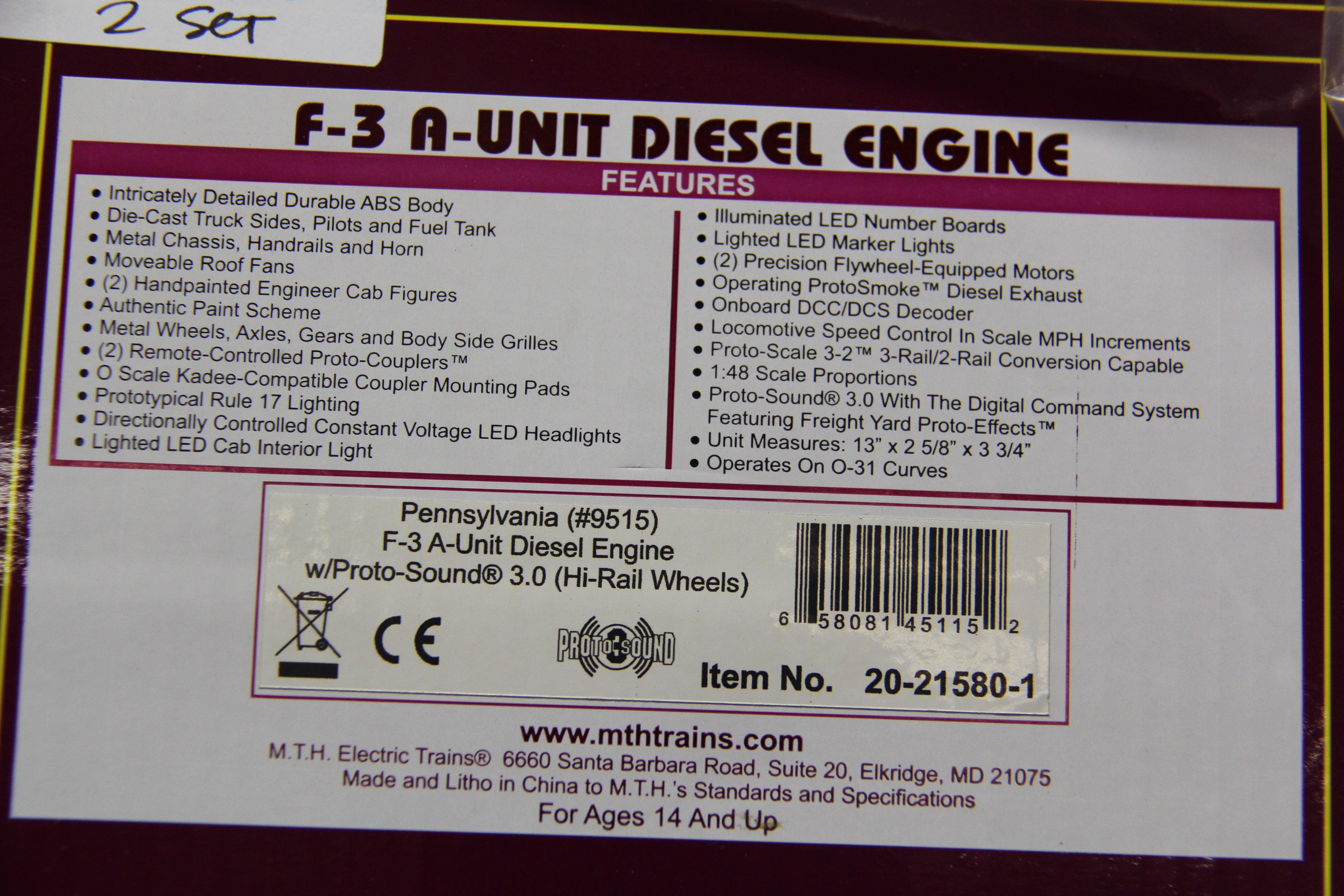 MTH 20-21580-1 & 20-21580-3 Pennsylvania F-3 A-Unit Diesel & F-3 B Unit Non Powered Diesel-Second hand-M5300