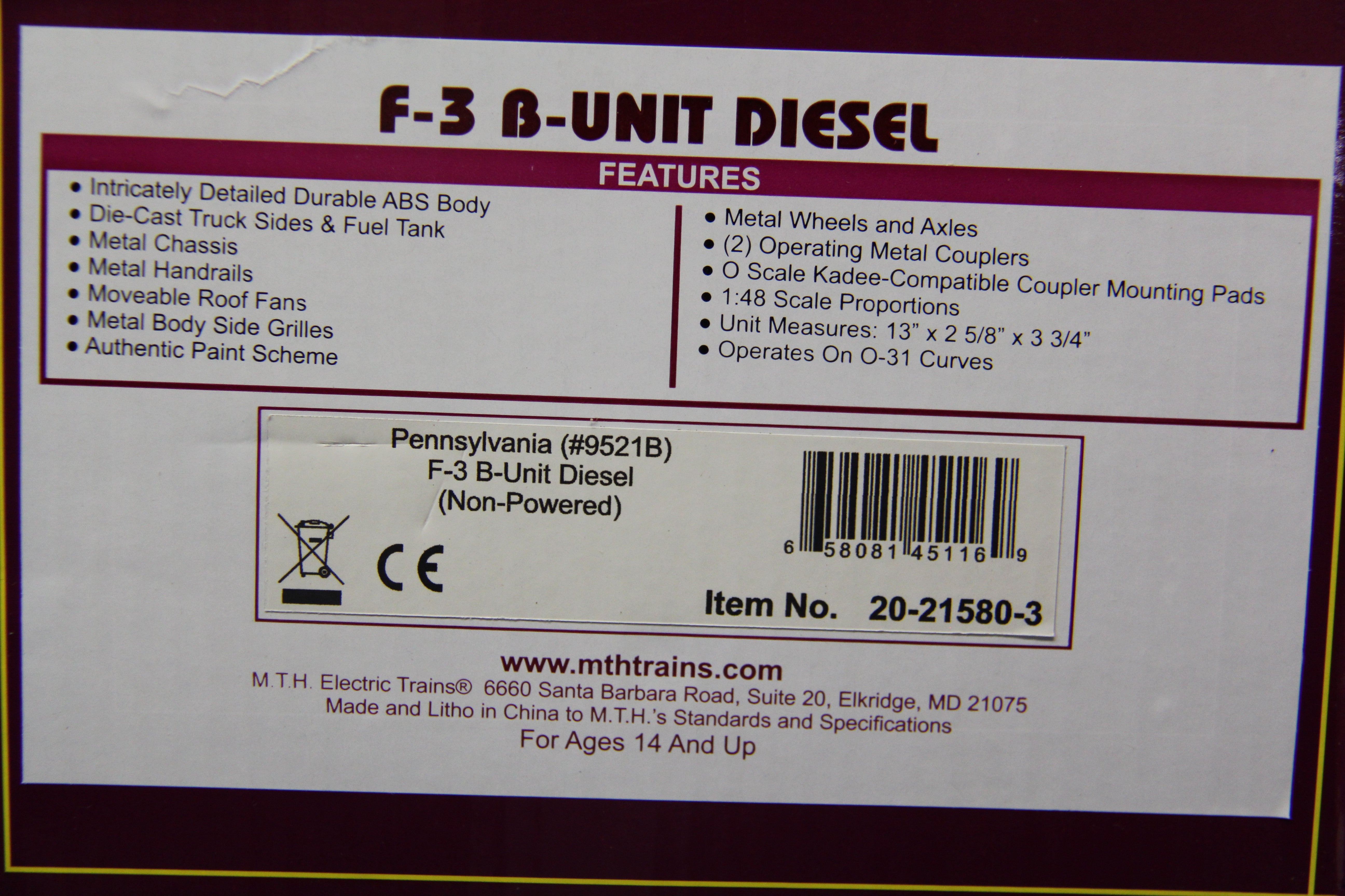 MTH 20-21580-1 & 20-21580-3 Pennsylvania F-3 A-Unit Diesel & F-3 B Unit Non Powered Diesel-Second hand-M5300