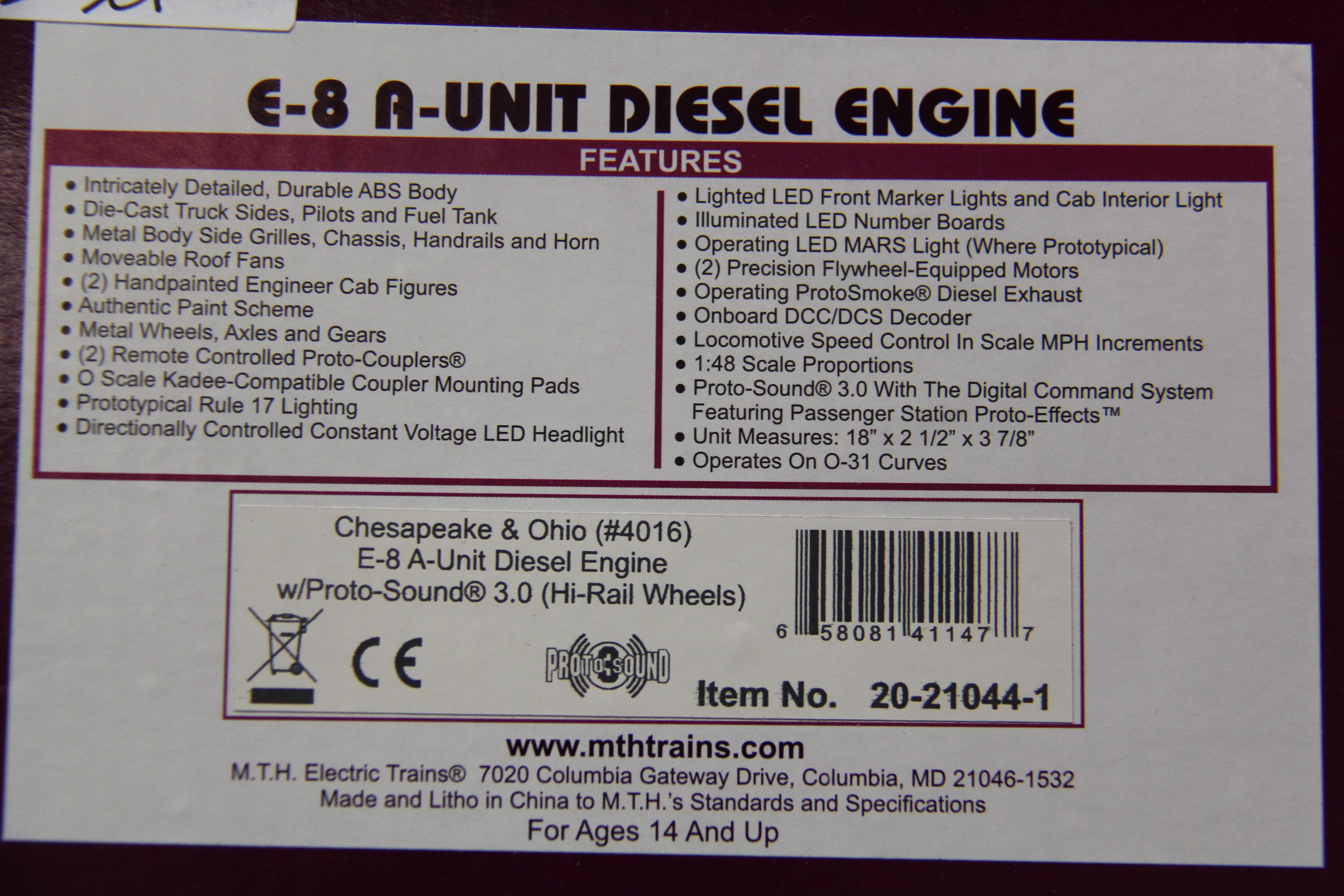 MTH 20-21044-1 & 20-21044-3 Chesapeake & Ohio E-8 A Unit Diesel Engine & E-8 B Unit Non Powered-Second hand-M5302