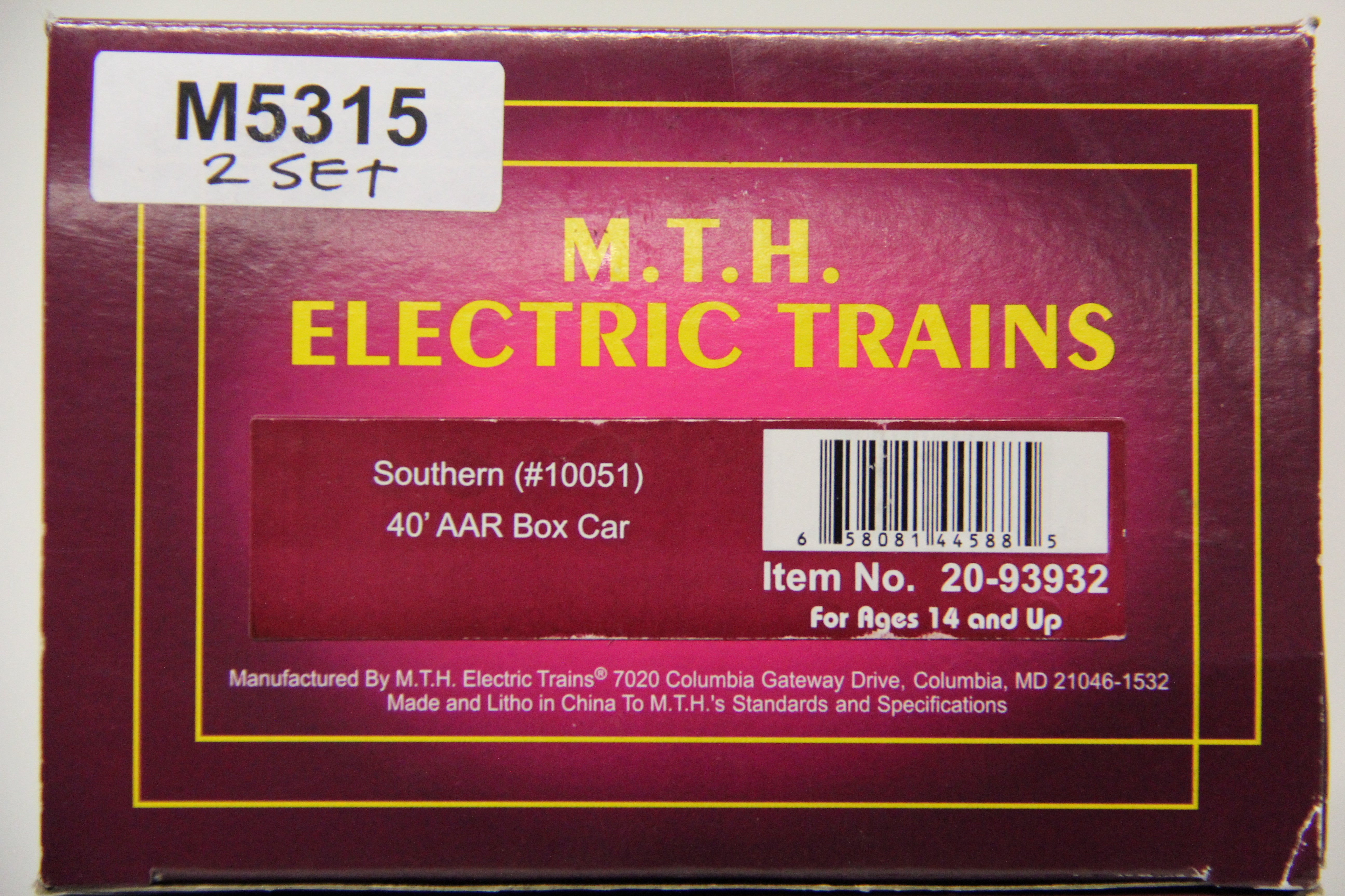 MTH 20-93932 Southern 40' AAR Box Car-2 Car Set -Second hand-M5315