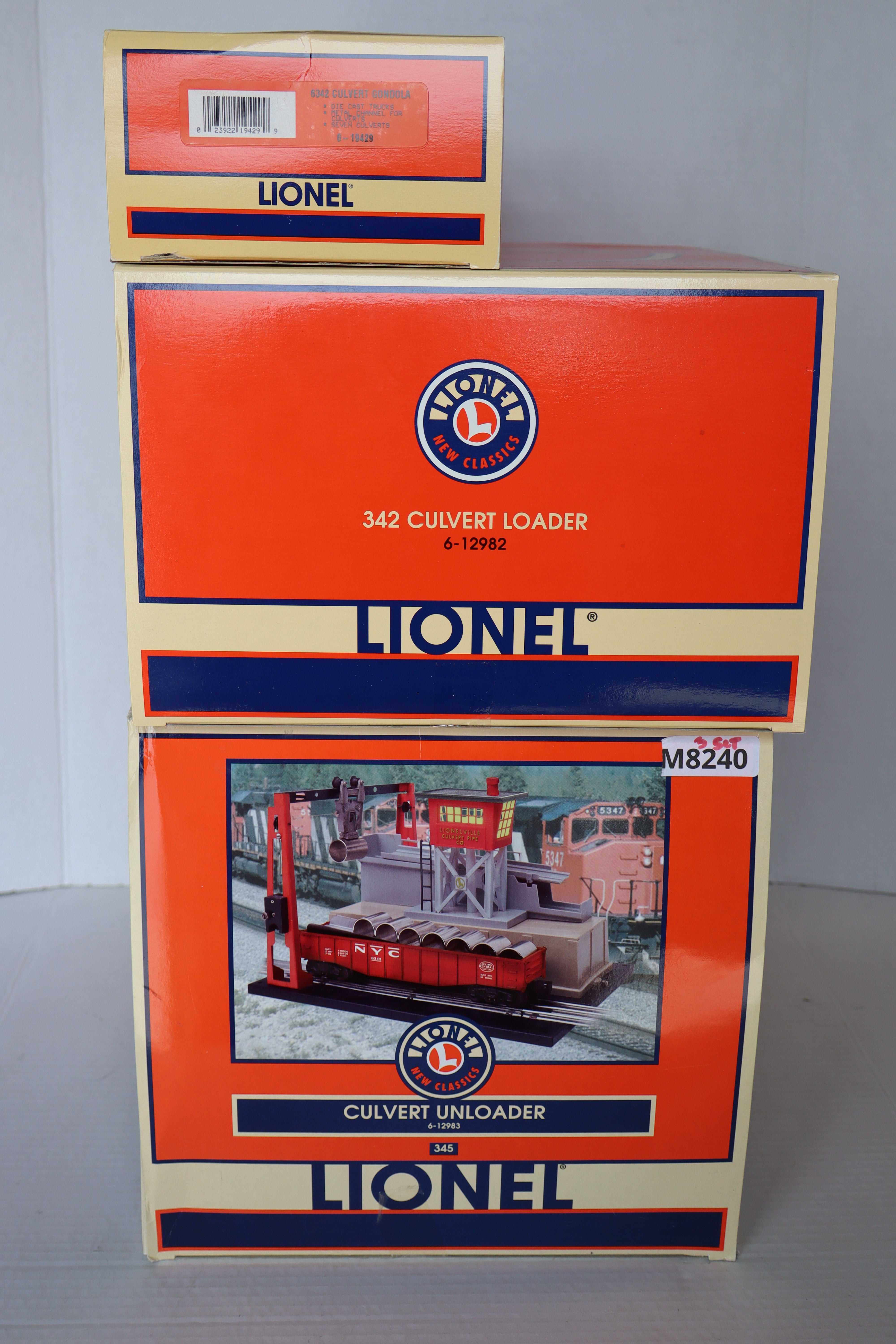 Lionel 6-12983 Culvert UnLoader CONVENTIONAL & 6-19429 -6342 Culvert Red Gondola & 6-12982 Culvert Loader 3 Set-Second hand-M8240