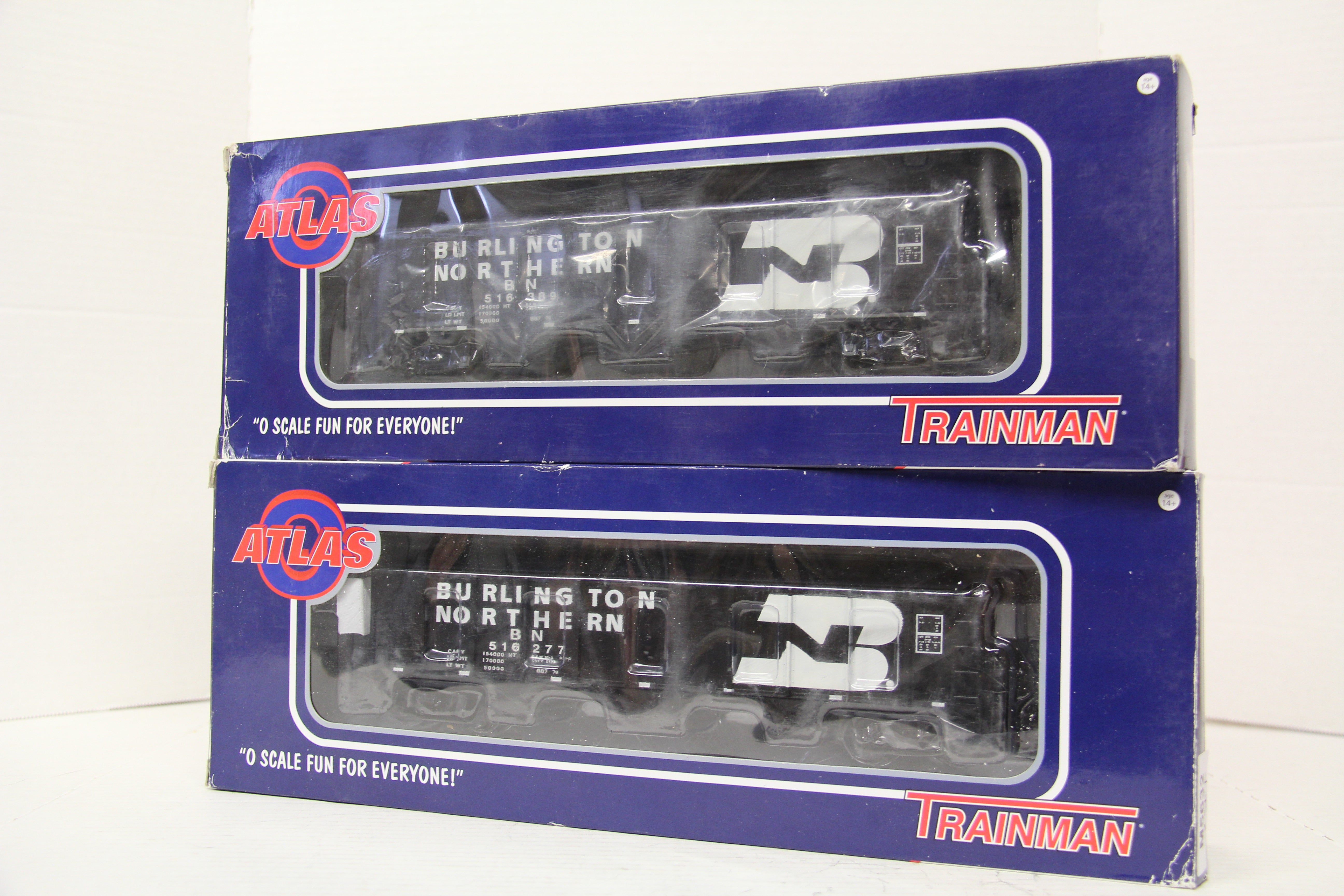 Atlas Trainman Burlington Northern #516277 AAR 70-Ton 3 Bay Open Hopper-2 Car Set-Second hand-M5632