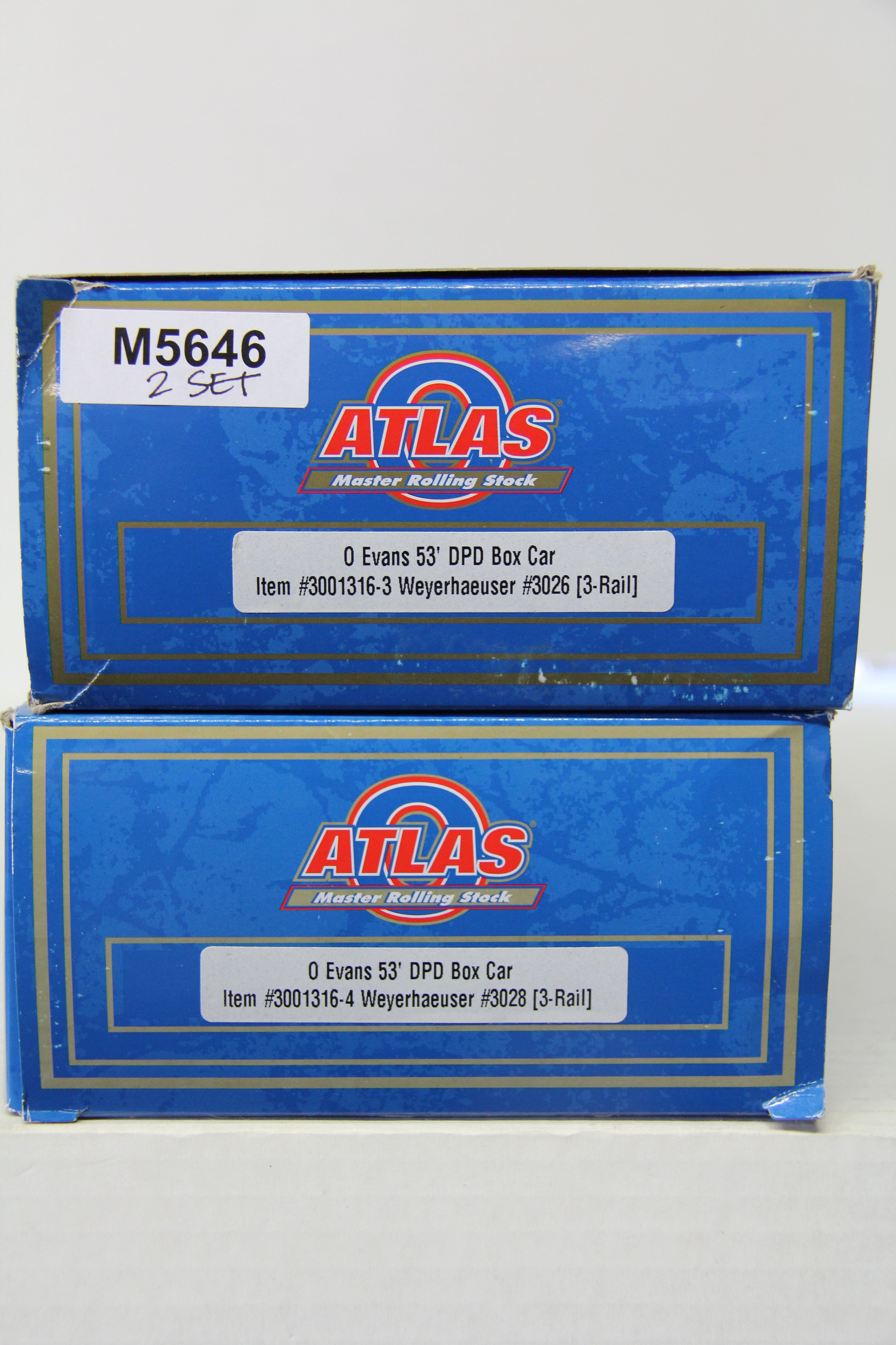 Atlas #3001316-3, -4 Weyerhaeuser Evans 53' DPD Box Car-2 Set-Second hand-M5646