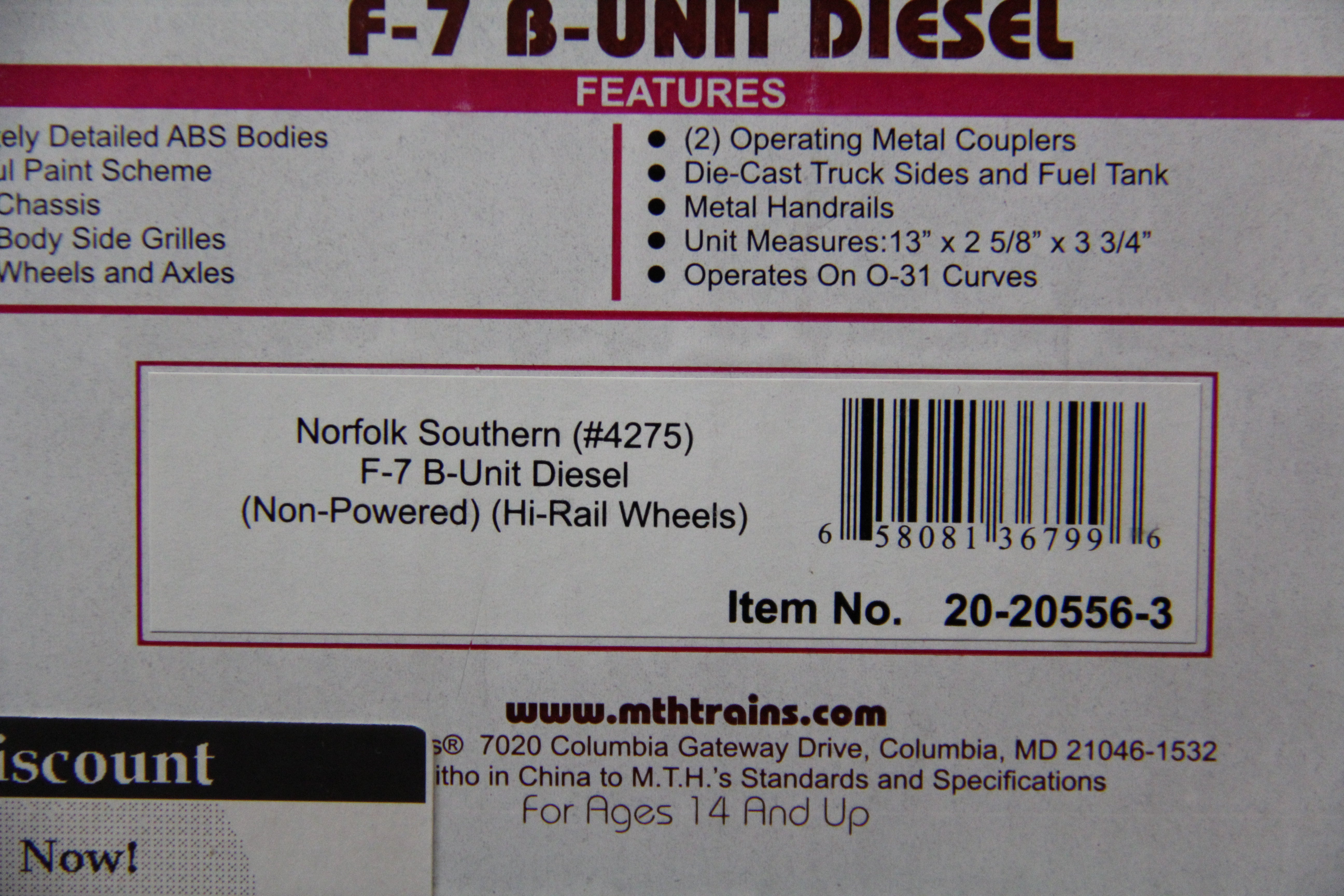 MTH 20-20556-3 Norfolk Southern F-7 B-Unit Diesel Non Powered-Second hand-M5669