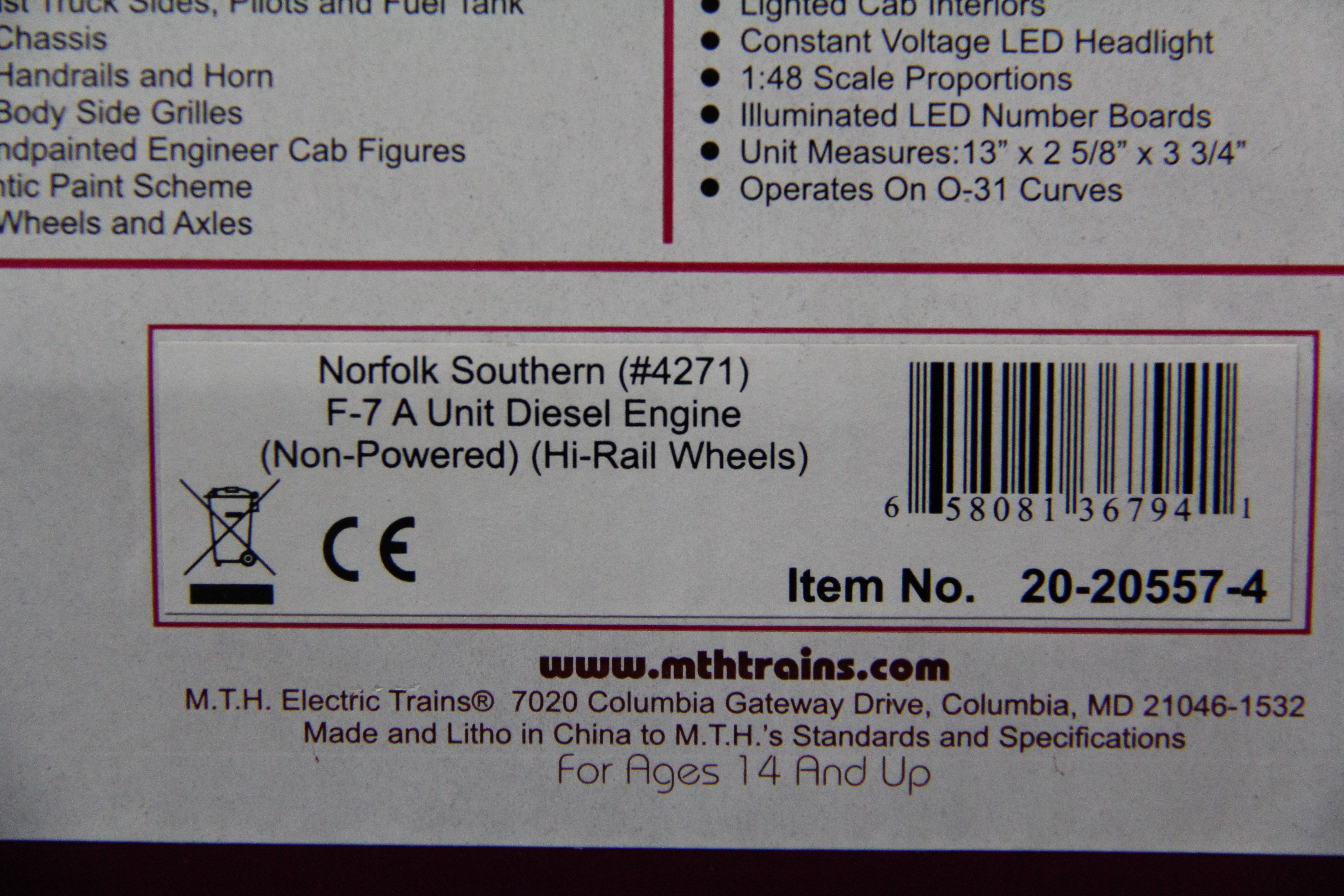 MTH 20-20557-4 Norfolk Southern F-7 A-Unit Diesel Non Powered-Second hand-M5670