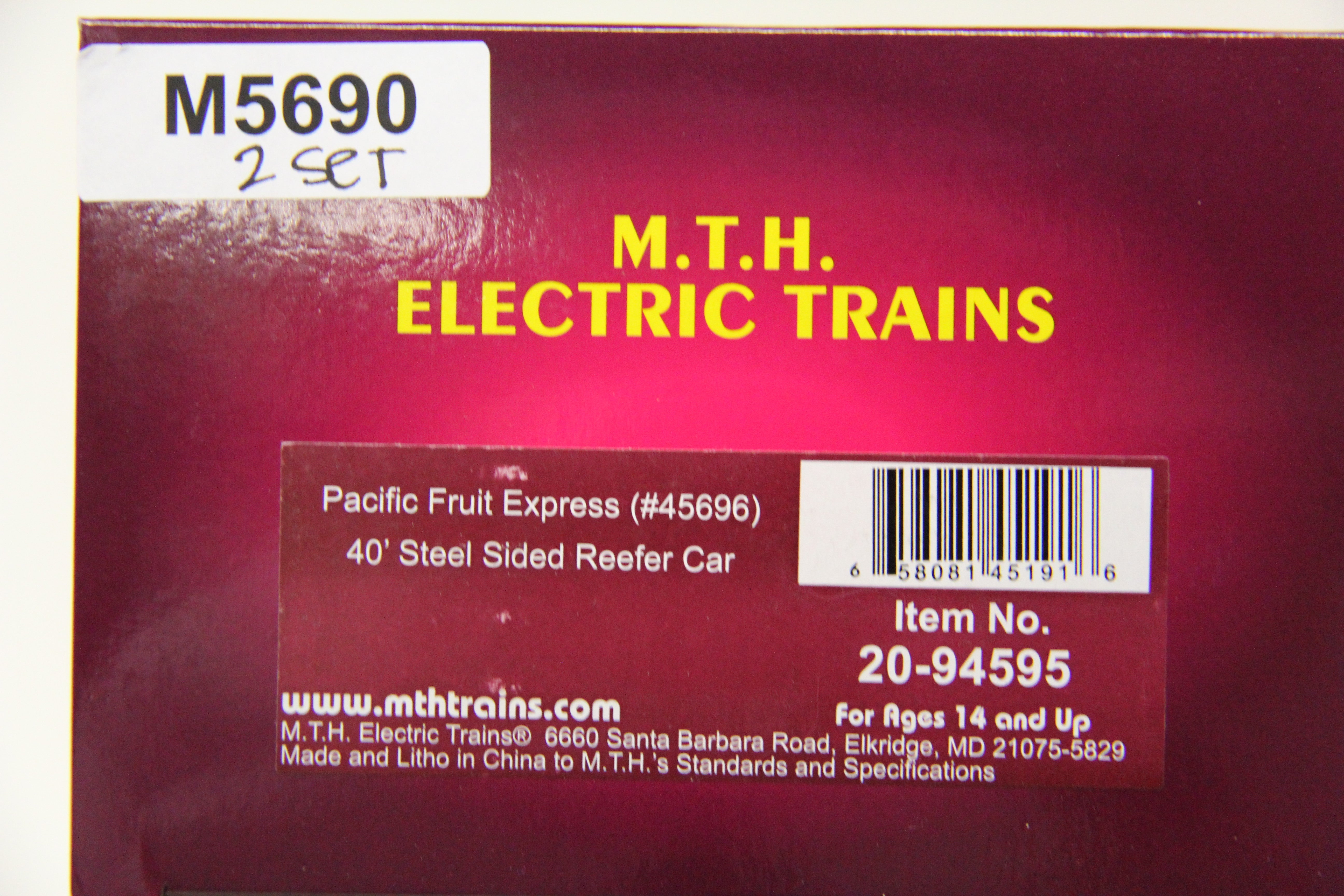 MTH 20-94595 & MTH 20-94596 Pacific Fruit Express 40' Steel Sided Reefer Car-2 Car Set-Second hand-M5690