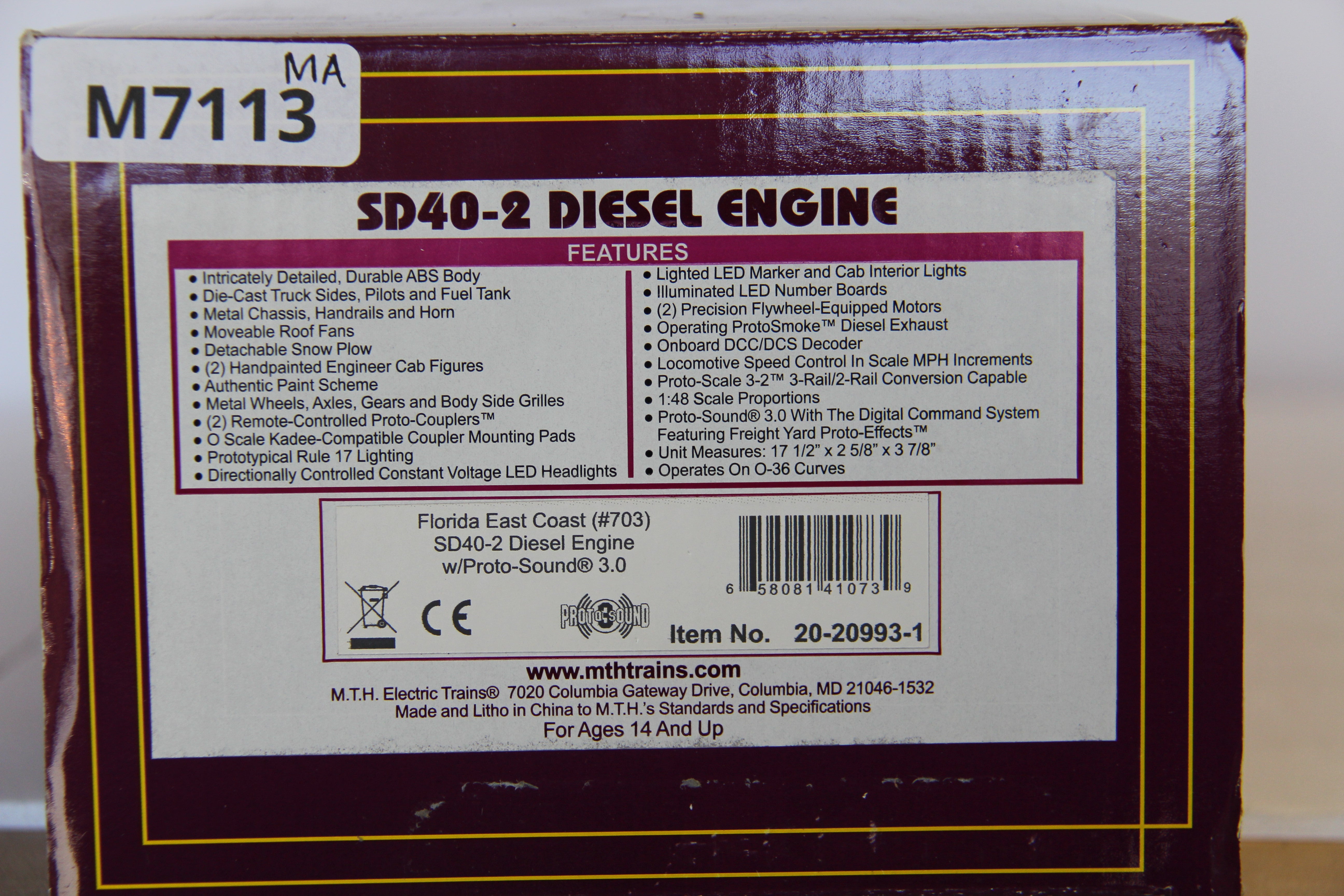 MTH 20-20993-1 Florida East Coast #703 SD40-2 Diesel Engine-Second hand-M7113