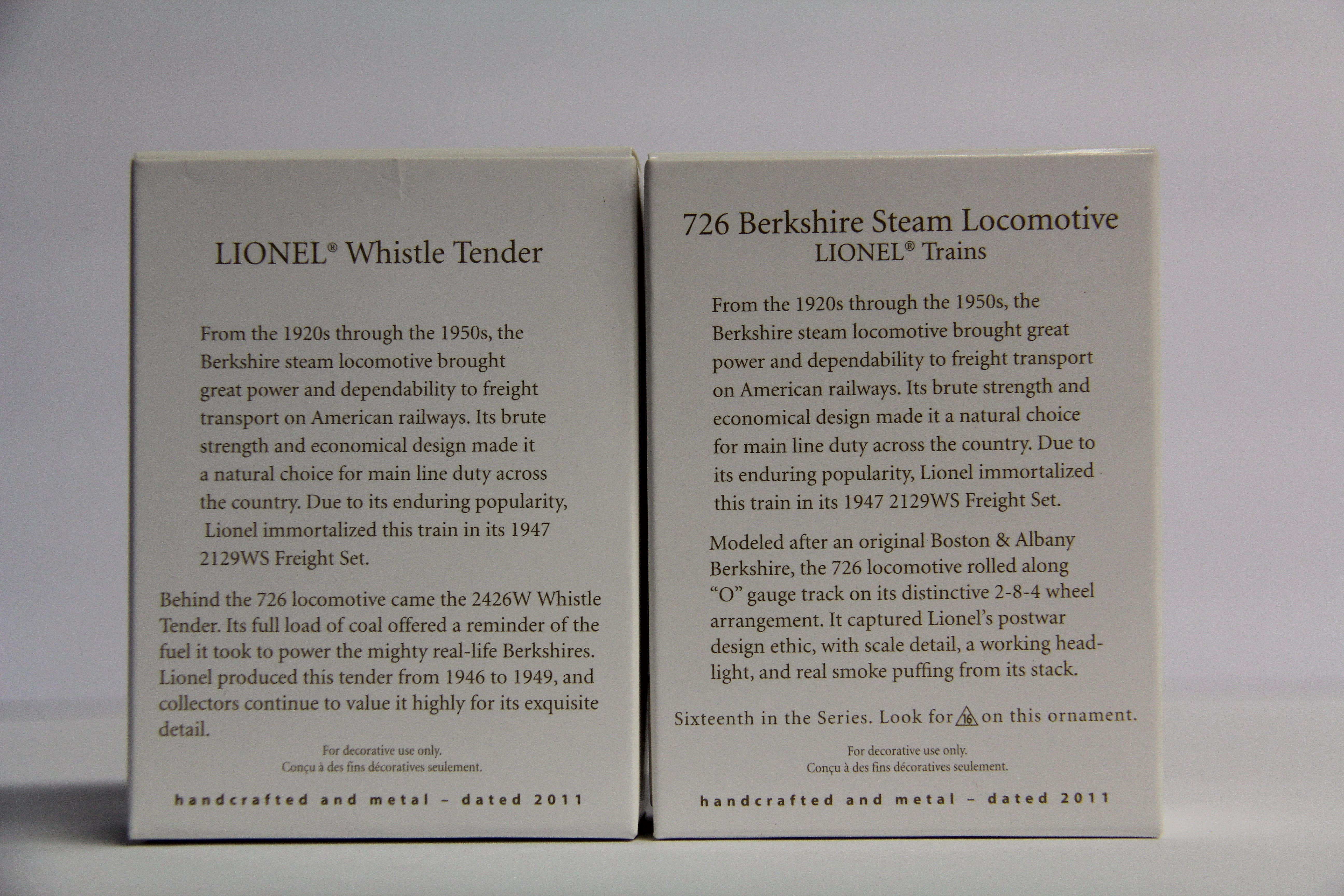 Hallmark Keepsake Lionel 726 Berkshire Locomotive & Tender Ornaments-Second hand-M7128