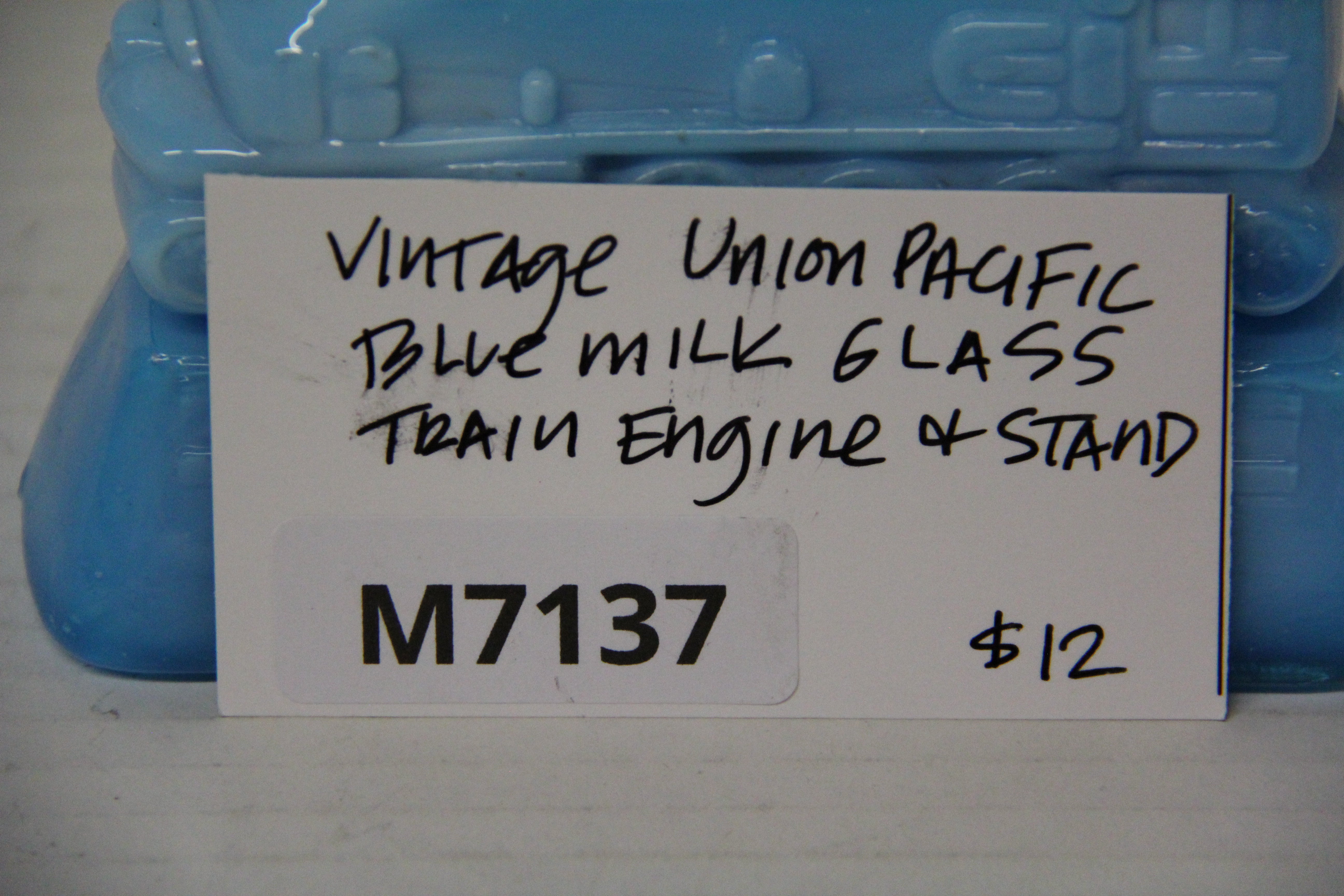 Vintage Union Pacific Blue Milk Glass Train Engine & Stand-Second hand-M7137