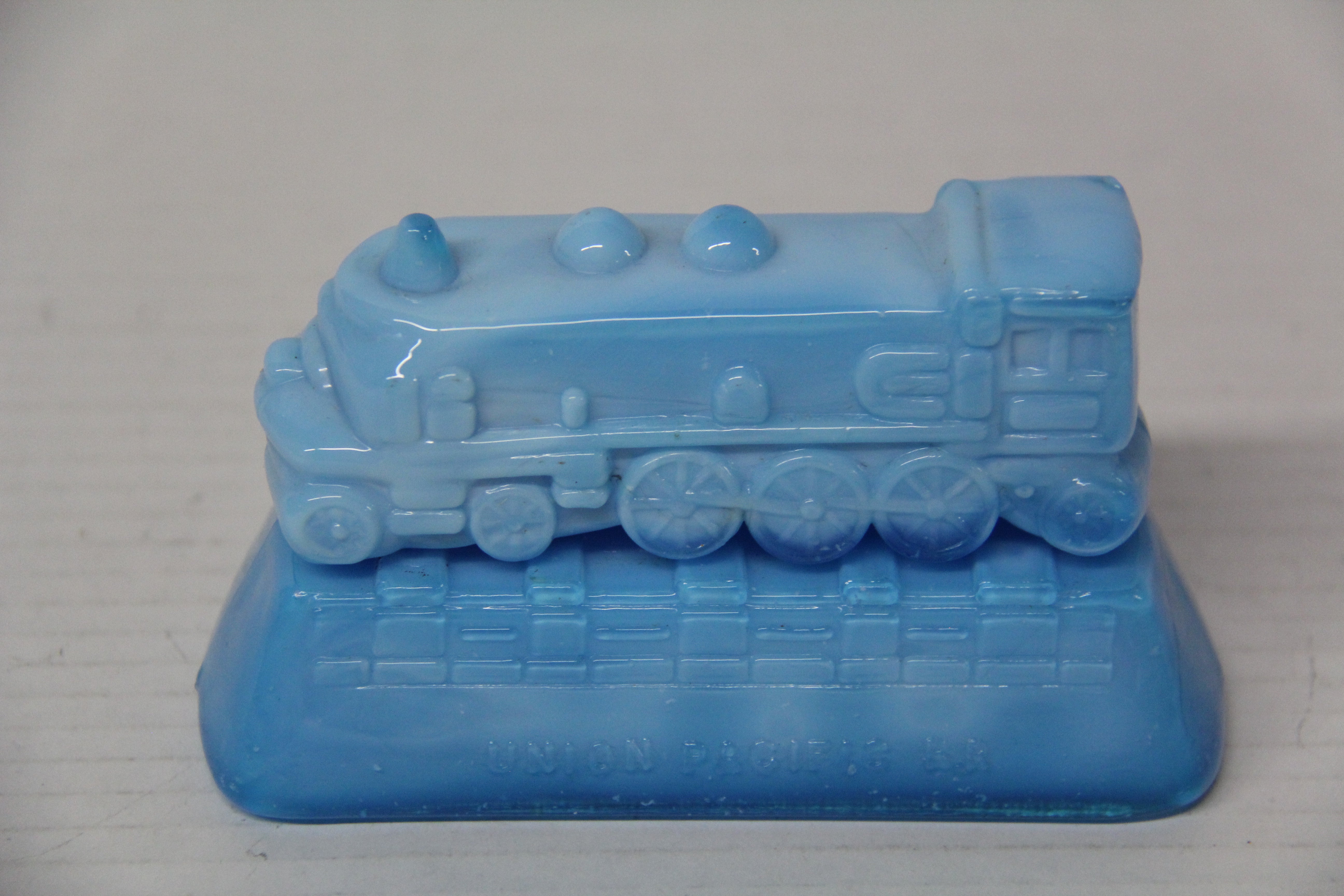 Vintage Union Pacific Blue Milk Glass Train Engine & Stand-Second hand-M7137
