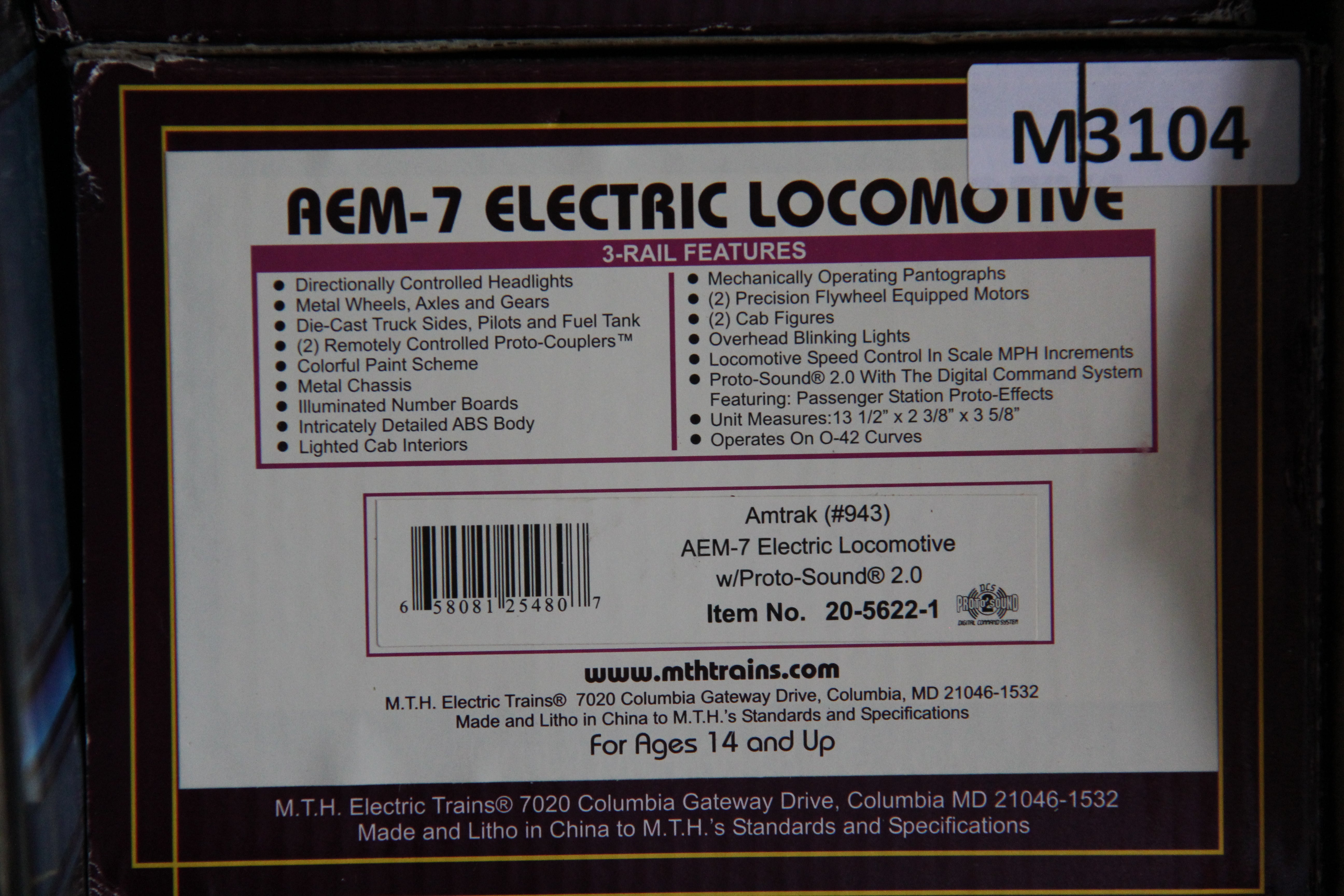 MTH 20-5622-1 & MTH 20-5622-3 Amtrak #943 AEM-7 Electric Locomotive & Non Powered #944-Second hand-M3104