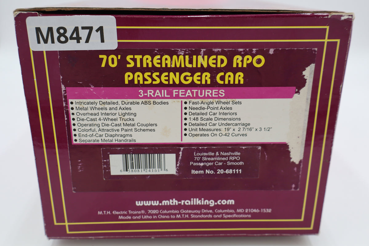 MTH 20-68111 Louisville & Nashville 70' Streamlined RPO Pass Car-Smooth-Second hand-M8471