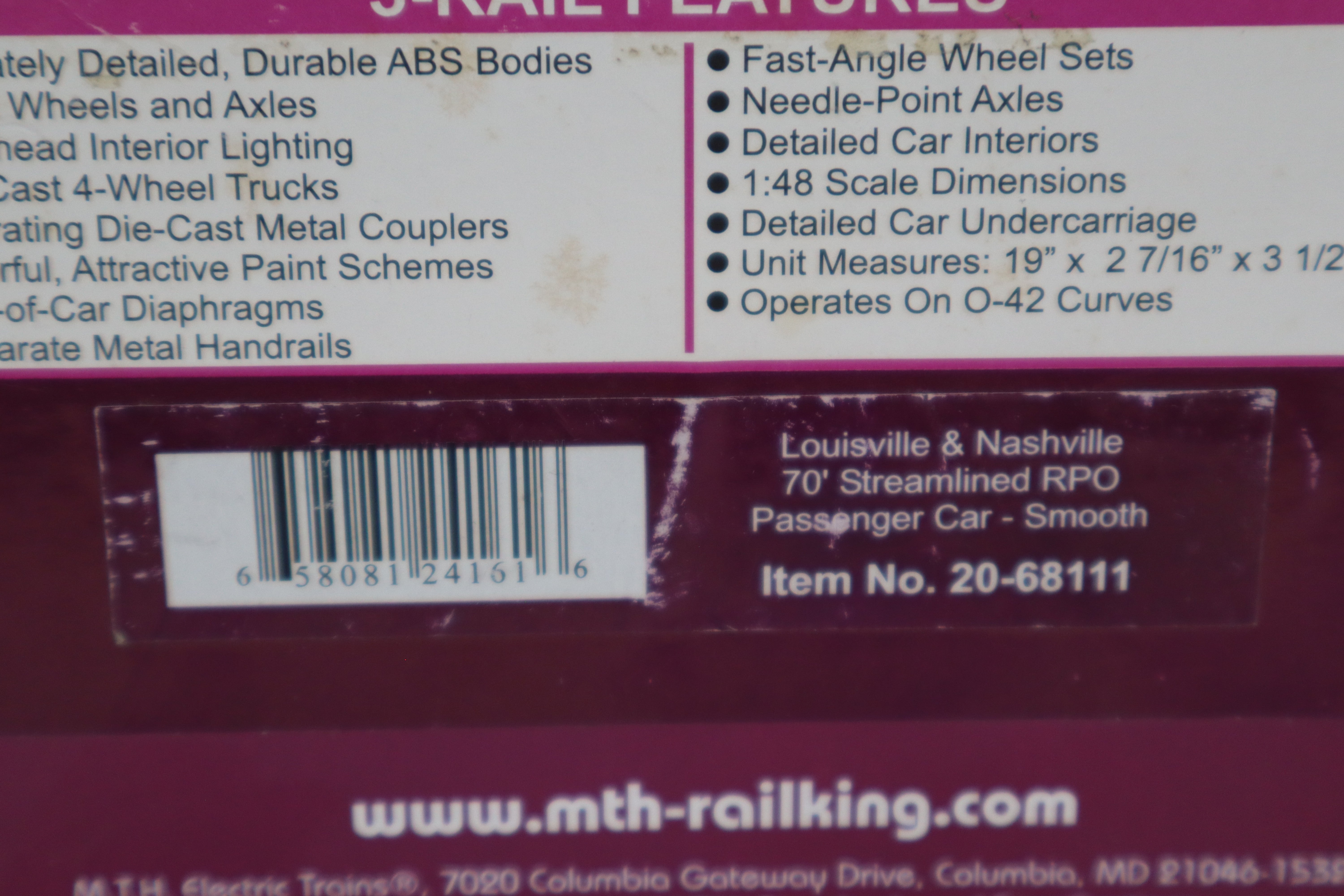 MTH 20-68111 Louisville & Nashville 70' Streamlined RPO Pass Car-Smooth-Second hand-M8471