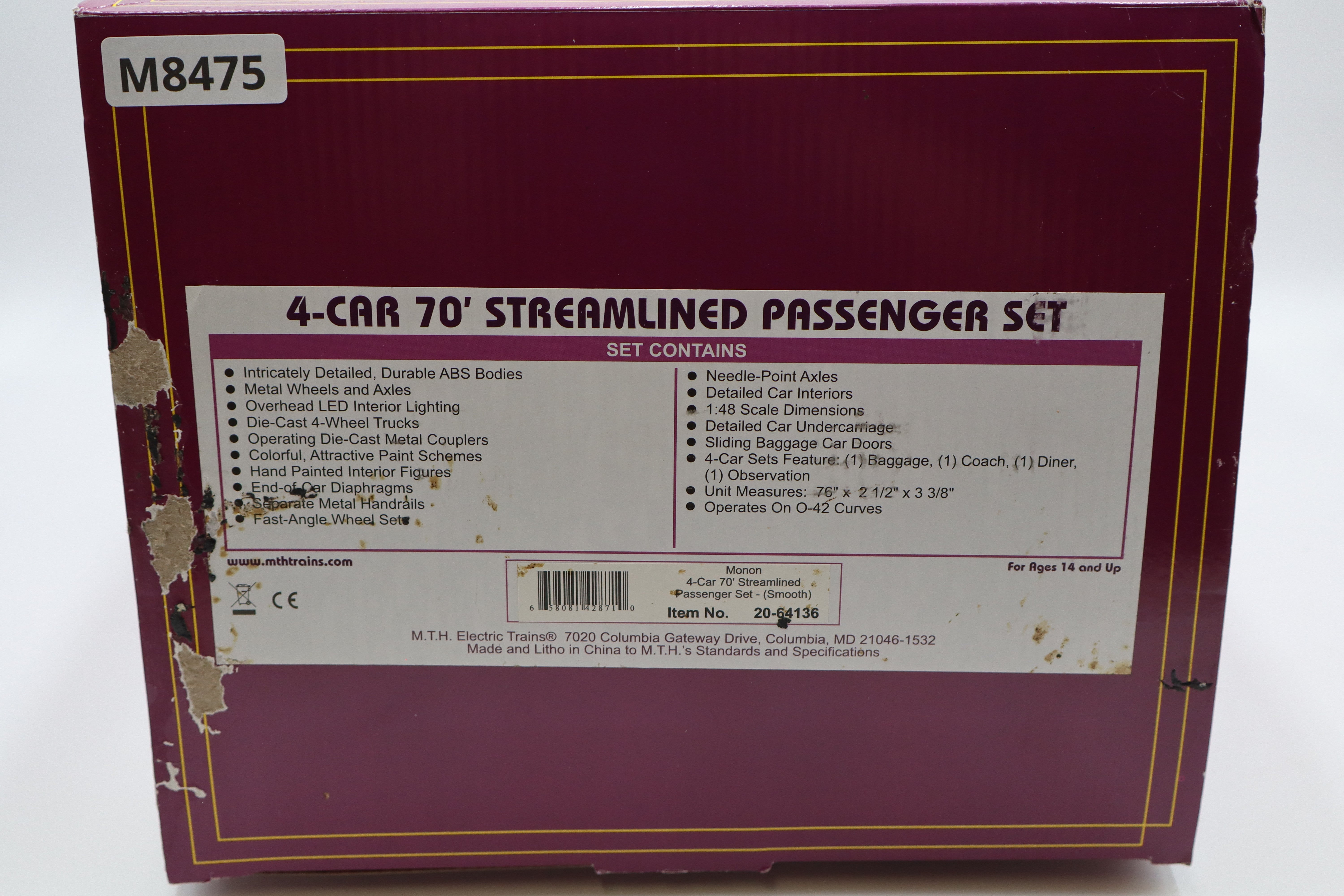 MTH 20-64136 Monon 4-Car 70' Streamlined Pass Set-Smooth-Second hand-M8475