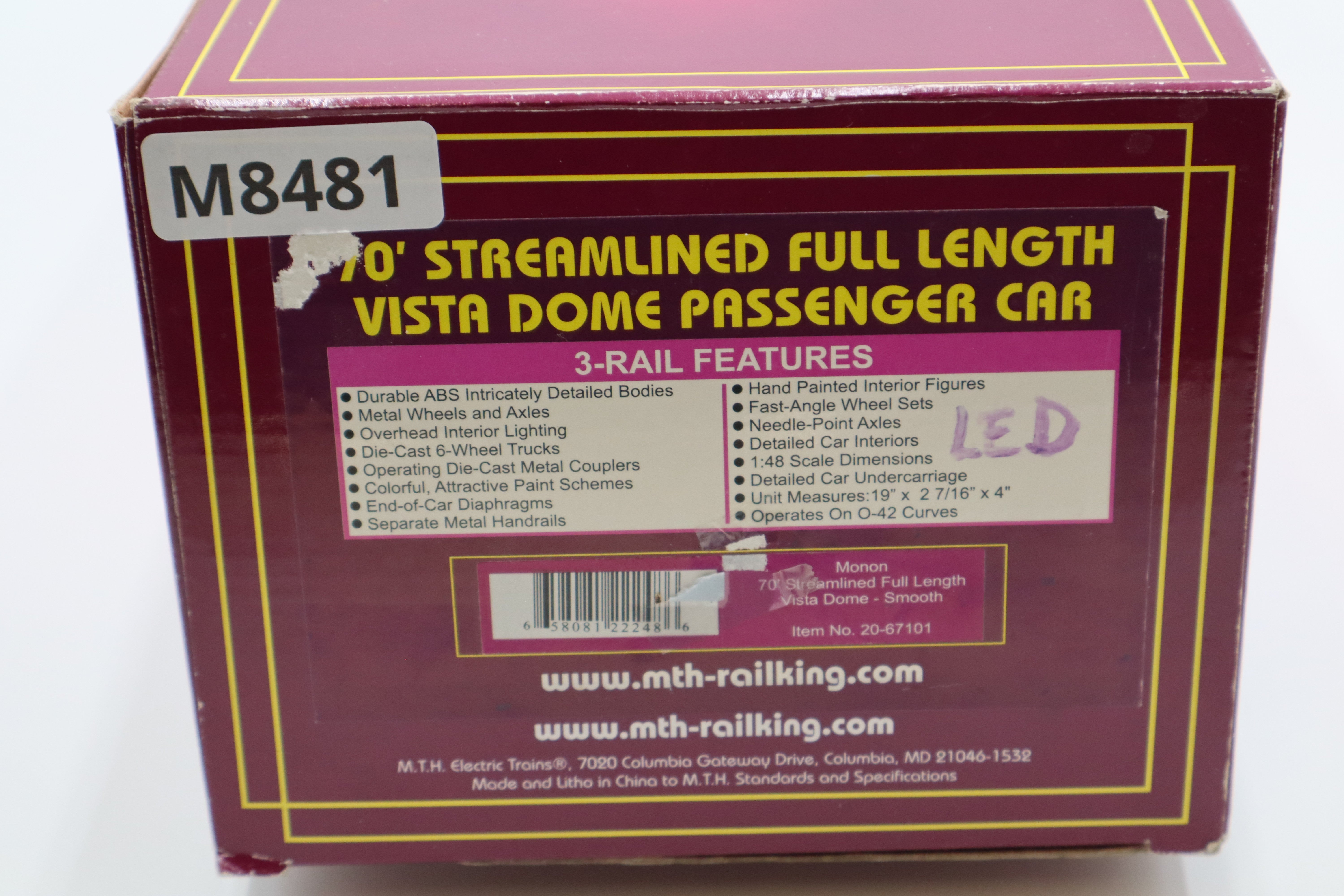 MTH 20-67101 Monon 70' Streamlined Full Length Vista Dome-Smooth-Second hand-M8481