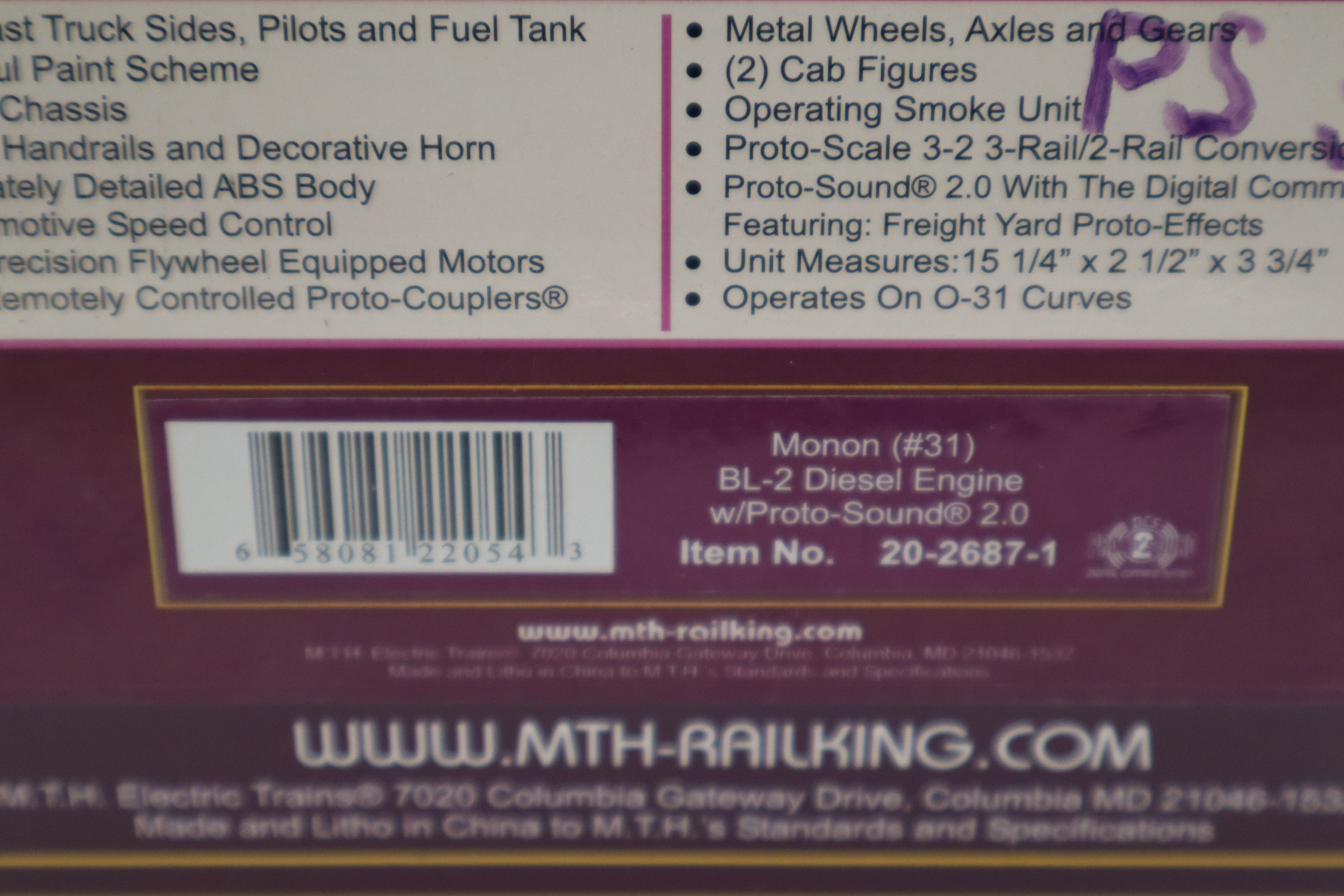 MTH 20-2687-1 Monon #31 BL-2 Diesel Engine-Second hand-M8484