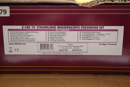 MTH 20-64137 Monon 2 Car 70' Streamlined Baggage/RPO Passenger Set-Smooth-Second hand-M8479