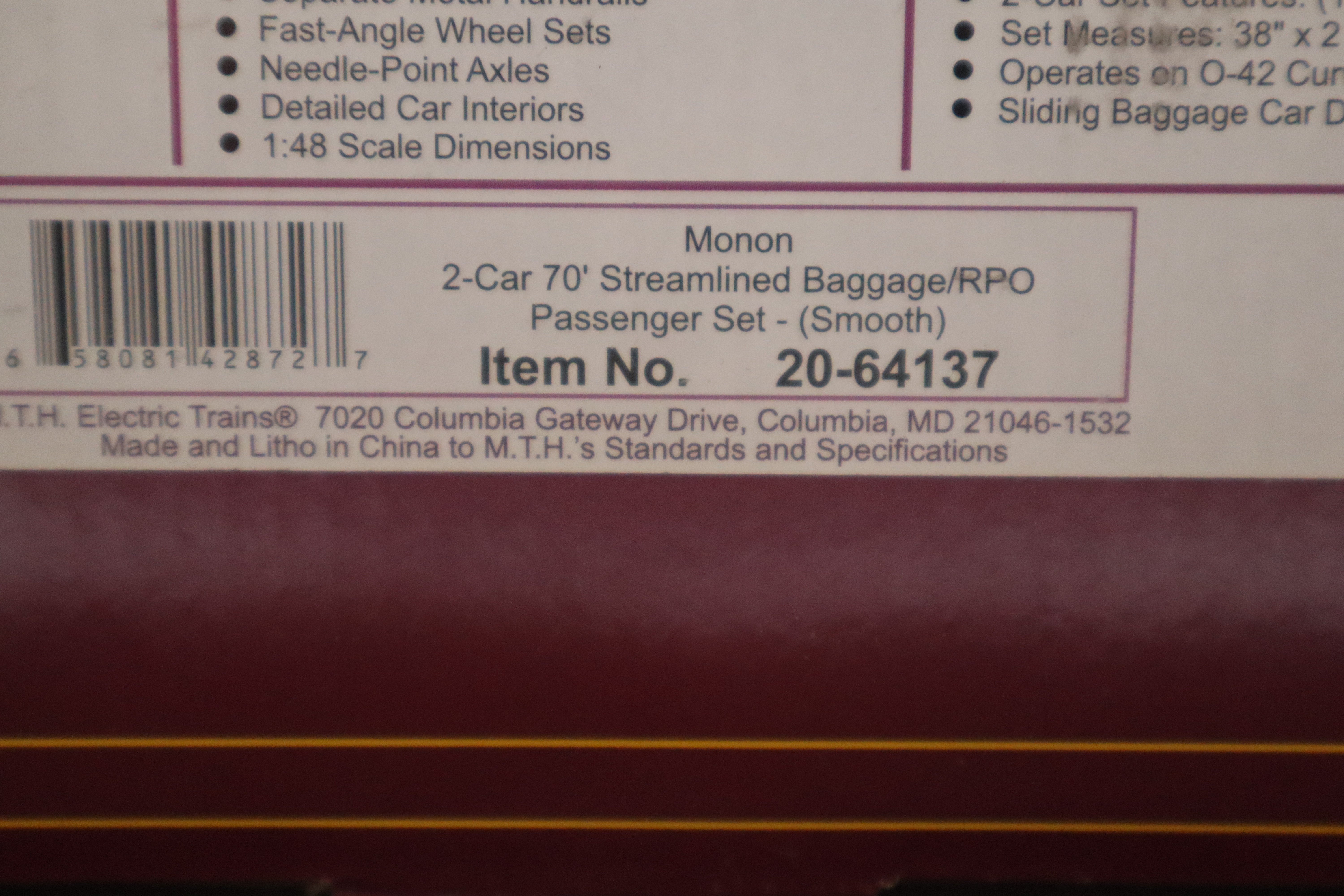 MTH 20-64137 Monon 2 Car 70' Streamlined Baggage/RPO Passenger Set-Smooth-Second hand-M8479
