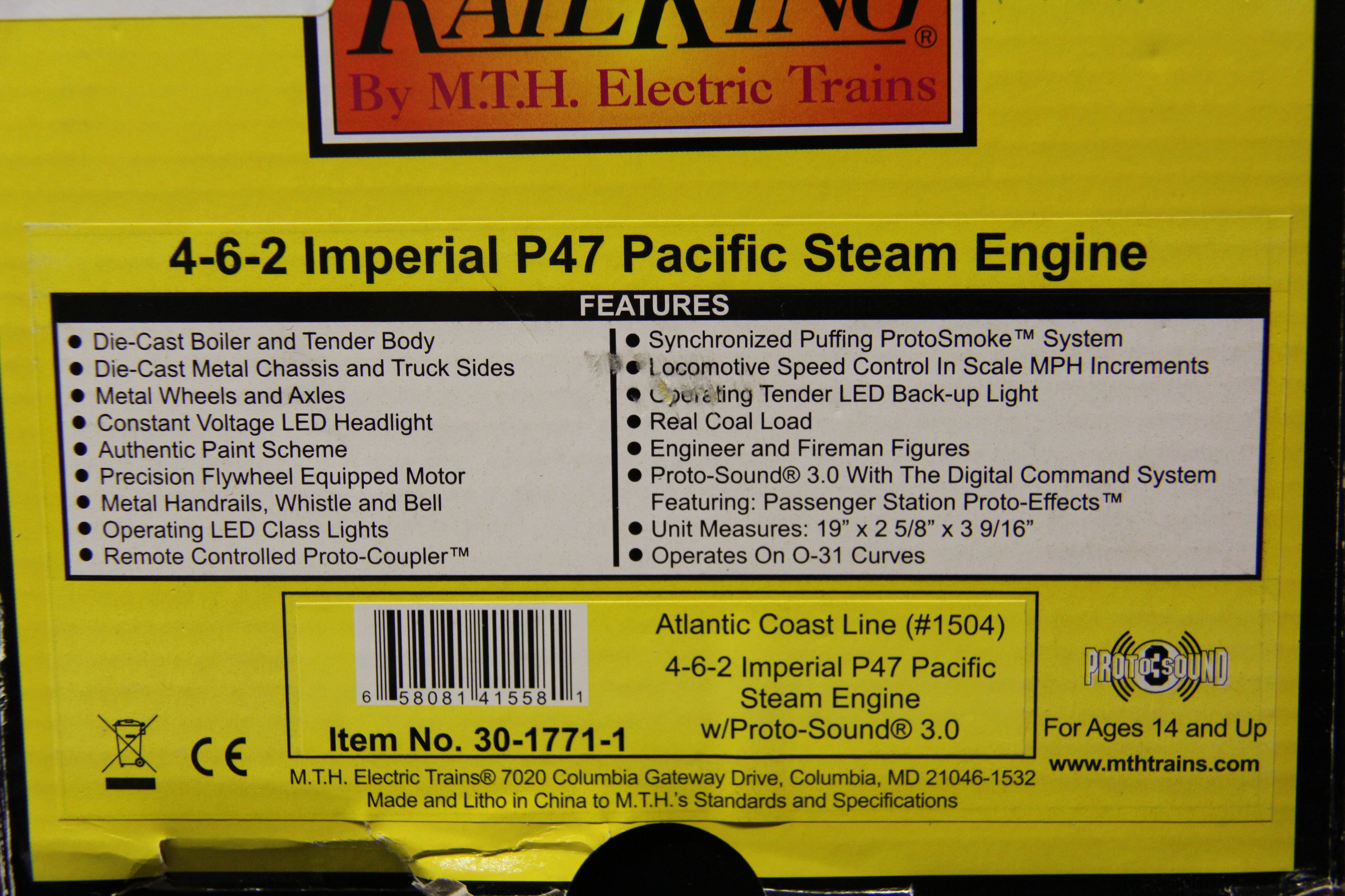 Rail King 30-1771-1 Atlantic Coast Line #1504 4-6-2 Imperial P47 Pacific Steam Engine-Second hand-M7263