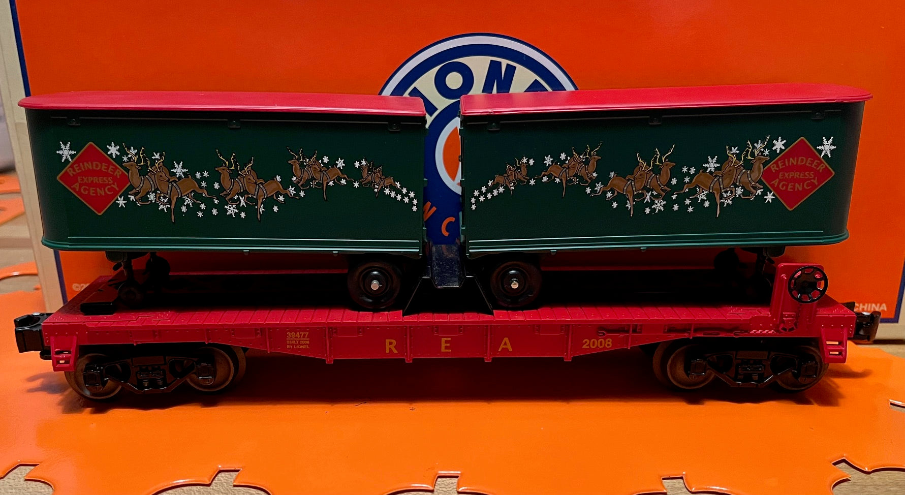 Lionel 6-39477 Christmas 027 Flatcar w/ Reindeer Trailers-Second hand-M7186