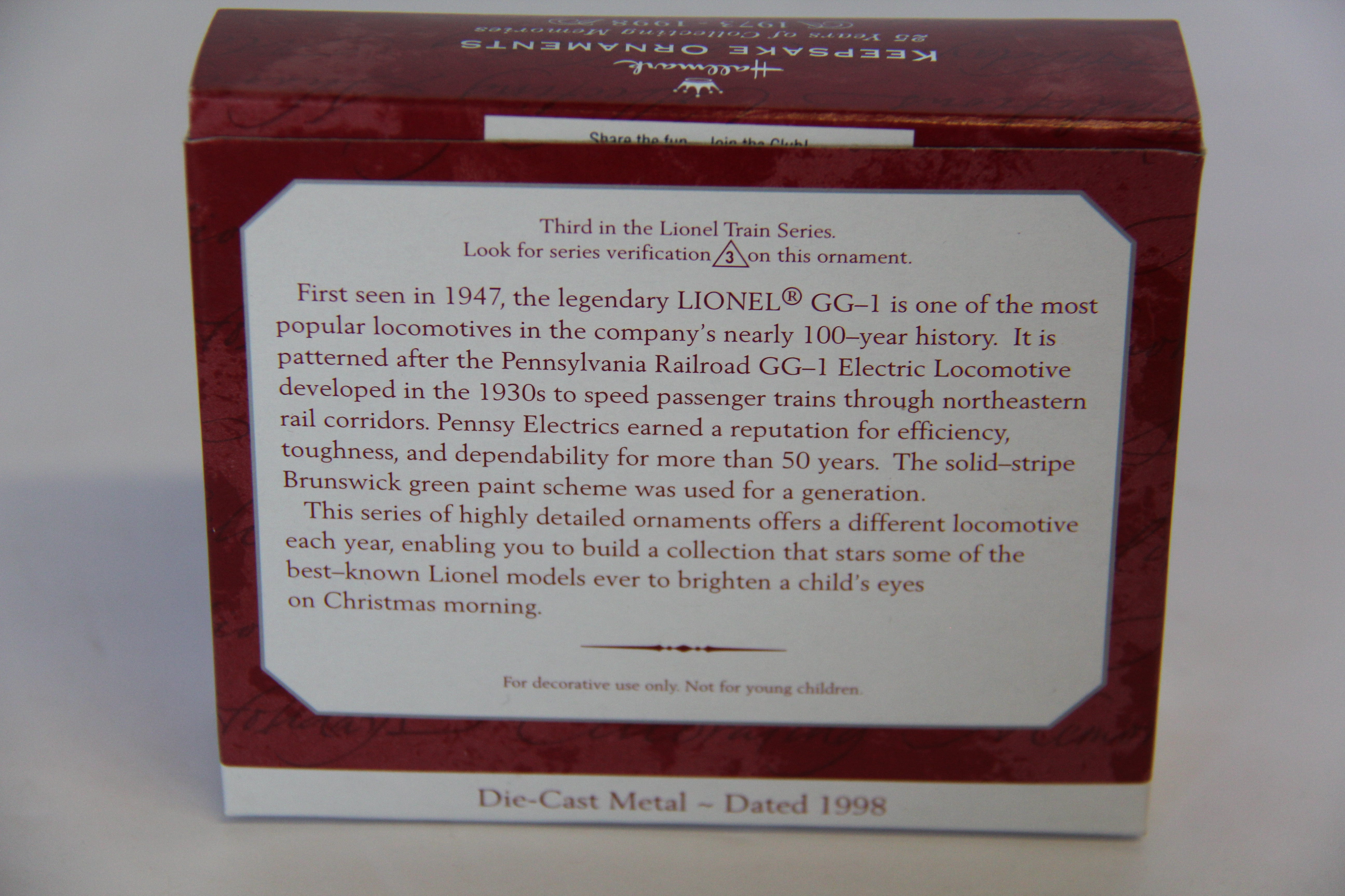 Hallmark Keepsake Ornament Pennsylvania GG-1 Locomotive 1973-1998 Collection-Second hand-M7608