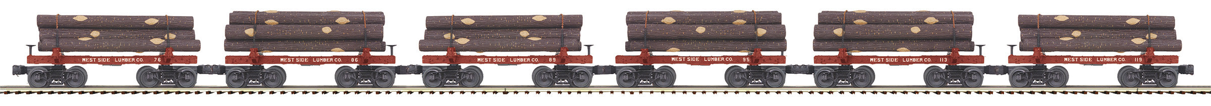 MTH 20-92330 - Skeleton Flat Car "West Side Lumber Co" w/ Log Load Set #2 (6-Car)