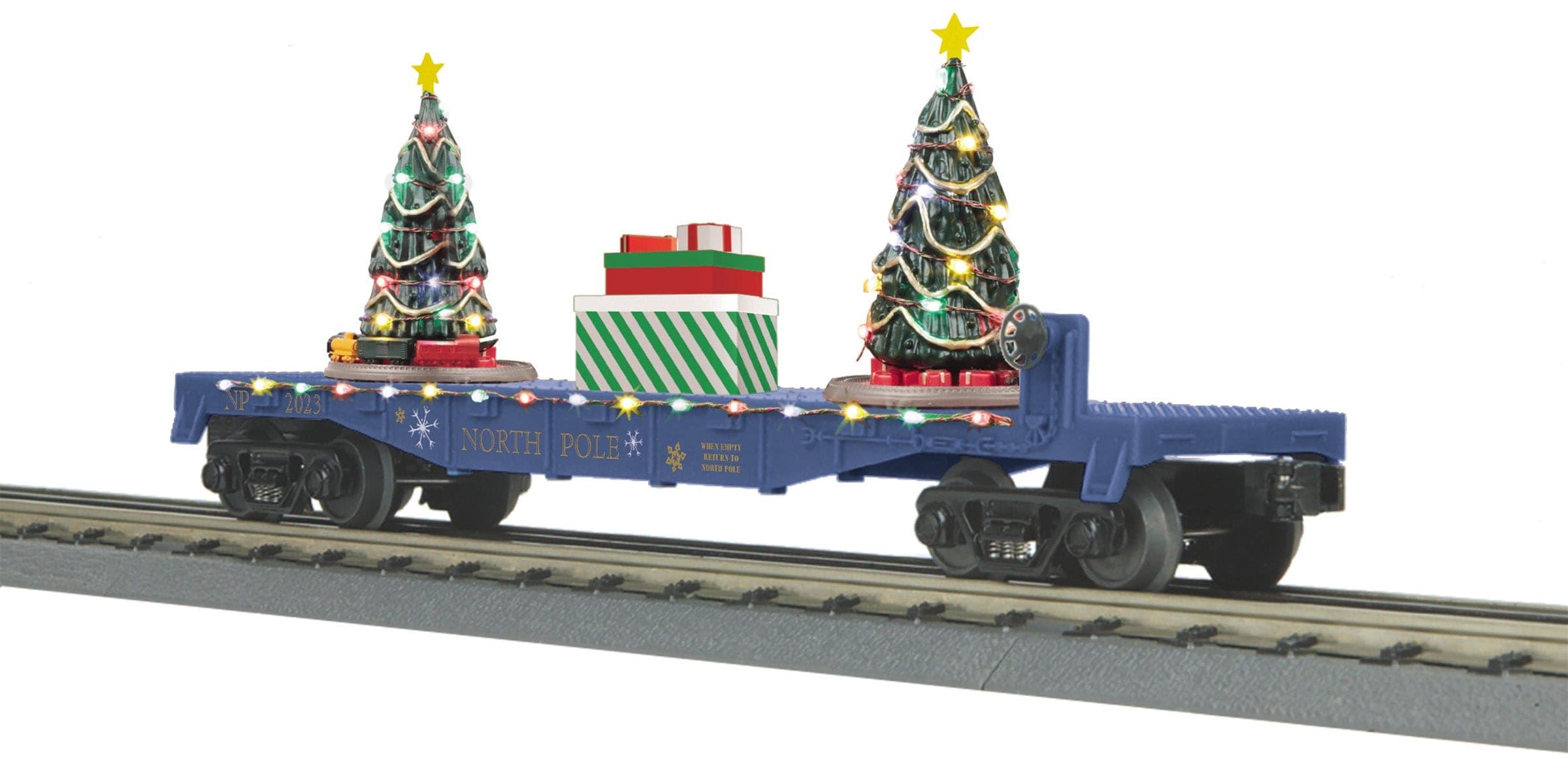 MTH 30-76866 - Flat Car "North Pole" #2023 w/ Lighted Christmas Trees (Blue)