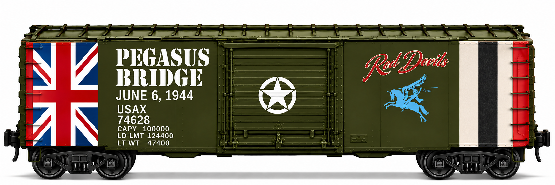 MTH 20-995DD - Premier - 50’ Ps-1 Box Car "U.S. Army" w/ Pullman Standard Door Set (D-Day Heritage) 6-Car - Custom Run for MrMuffin'sTrains